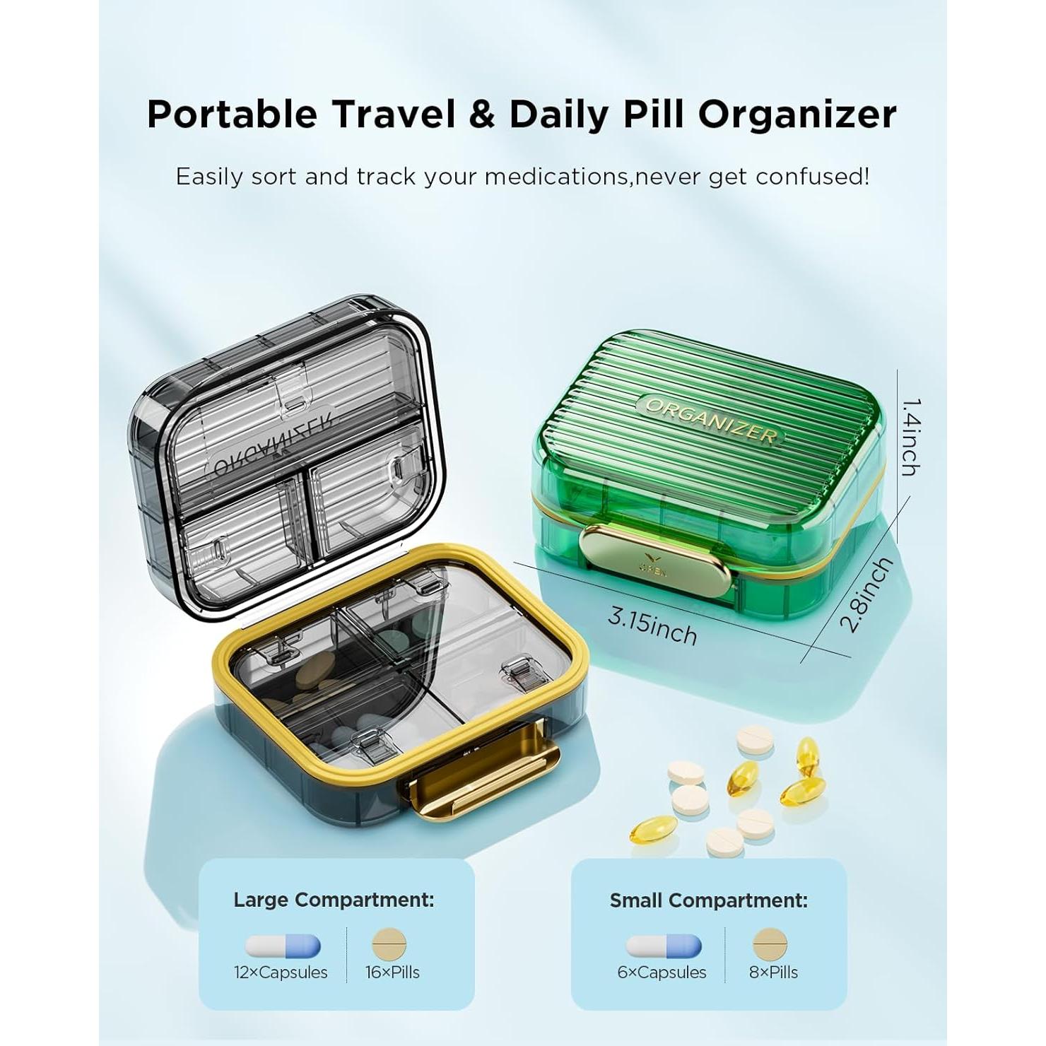 Estuche de Pastillas de Viaje Acedada Negro Compacto 7 Compartimentos