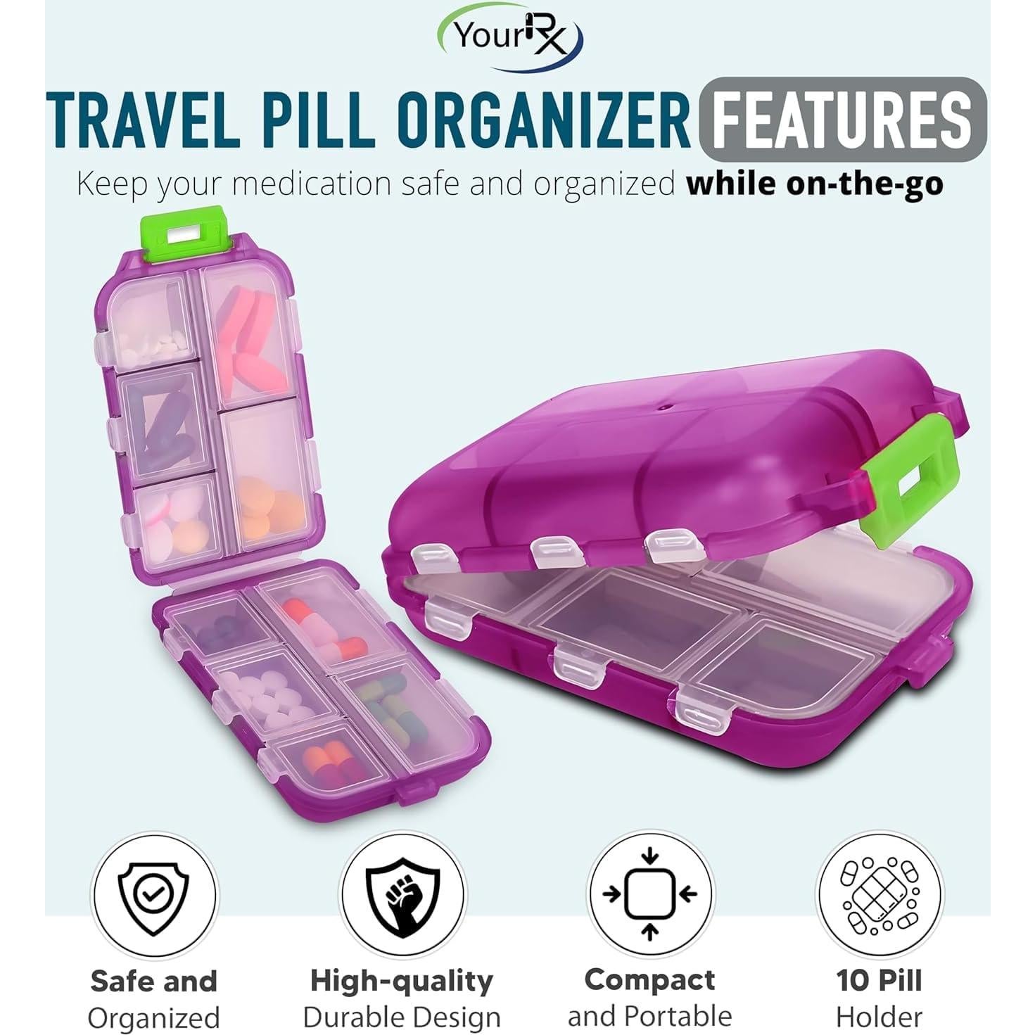 Organizador de Pastillas de Viaje YourRx - 10 Compartimentos Rosa