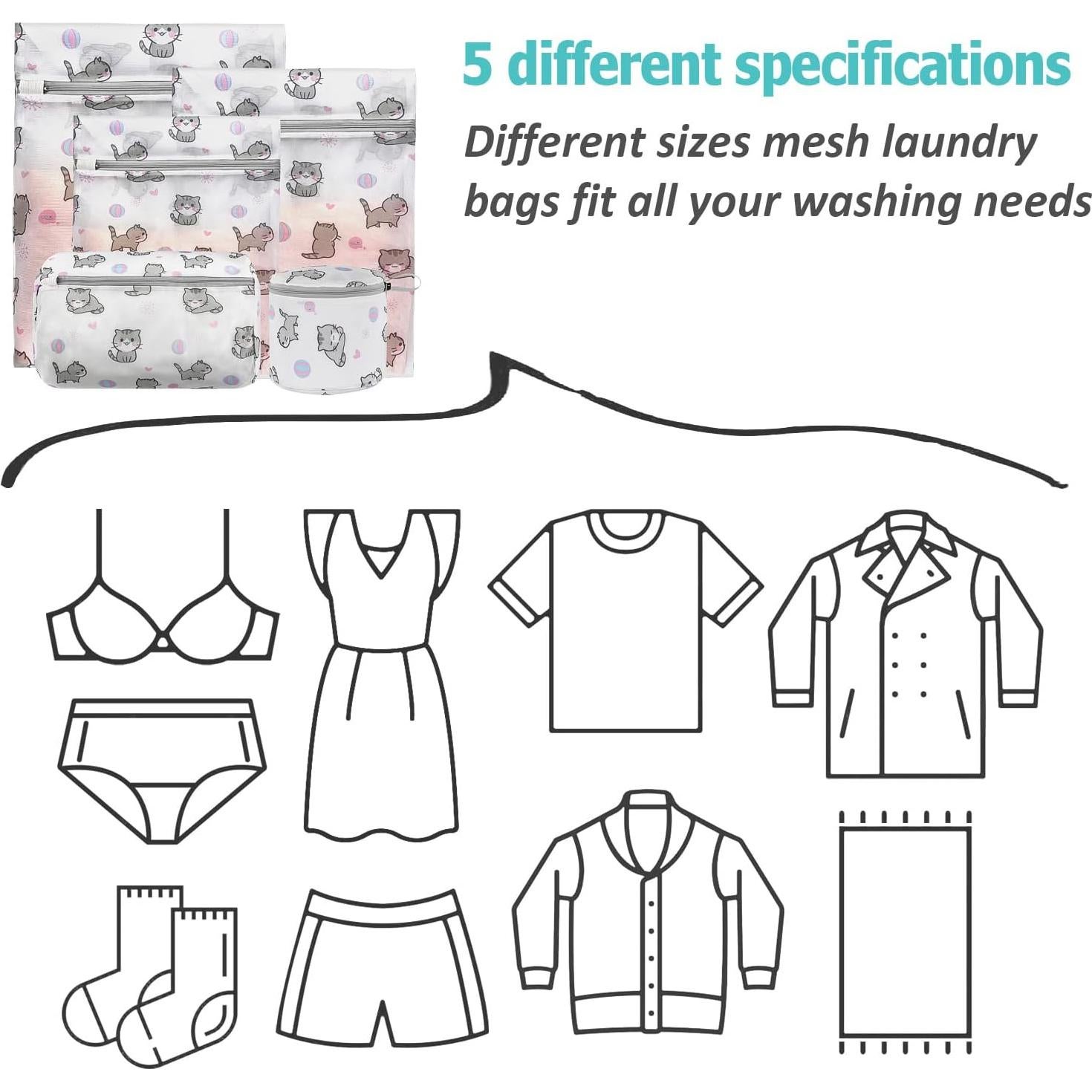 Juego de 5 Bolsas de Lavandería de Malla Xducom con Gato