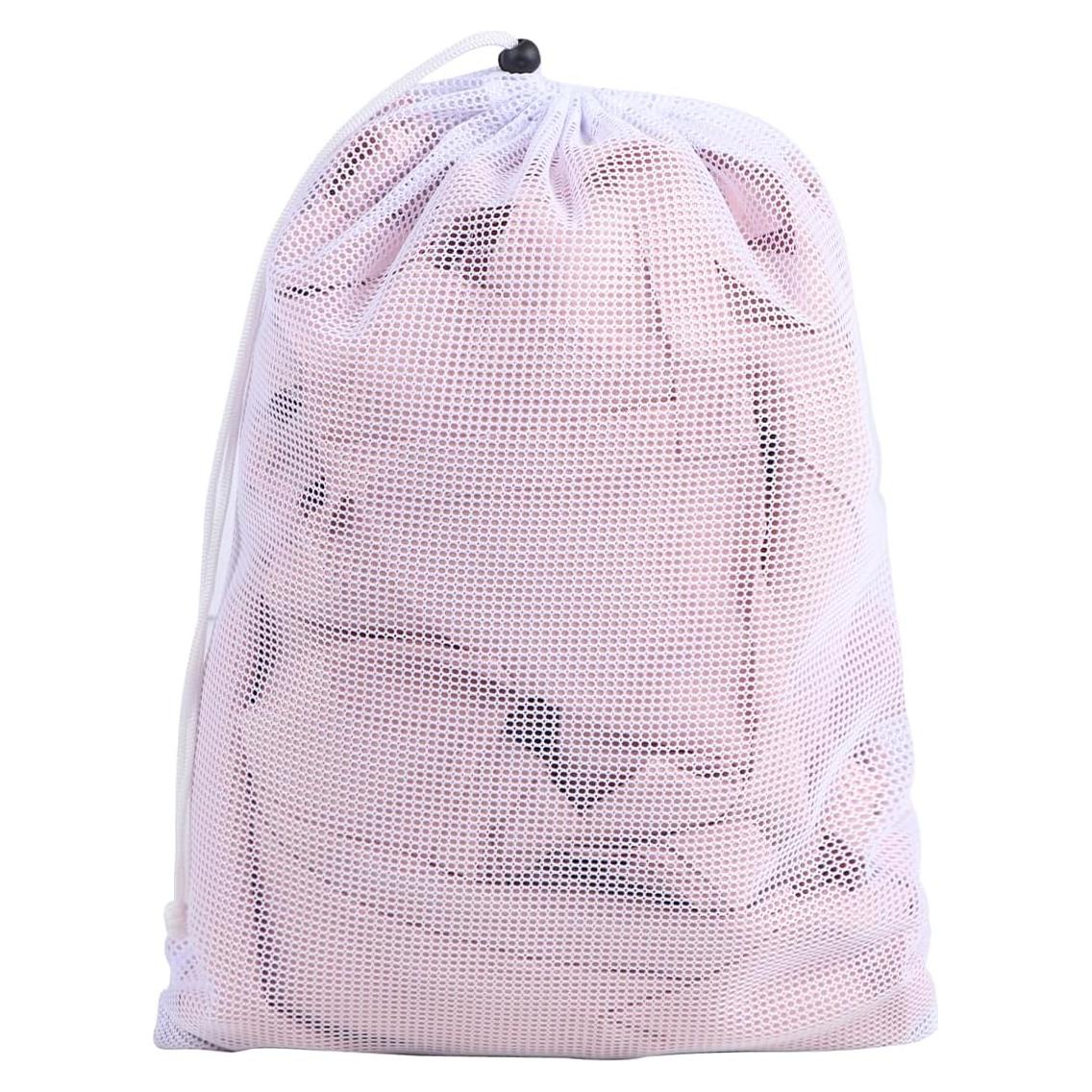 MIKIWELL Heavy Duty Large Mesh - Laundry Bag with Drawstring Closure and ID Tag, Durable Laundry Bag with Diamond Mesh - White (Small)