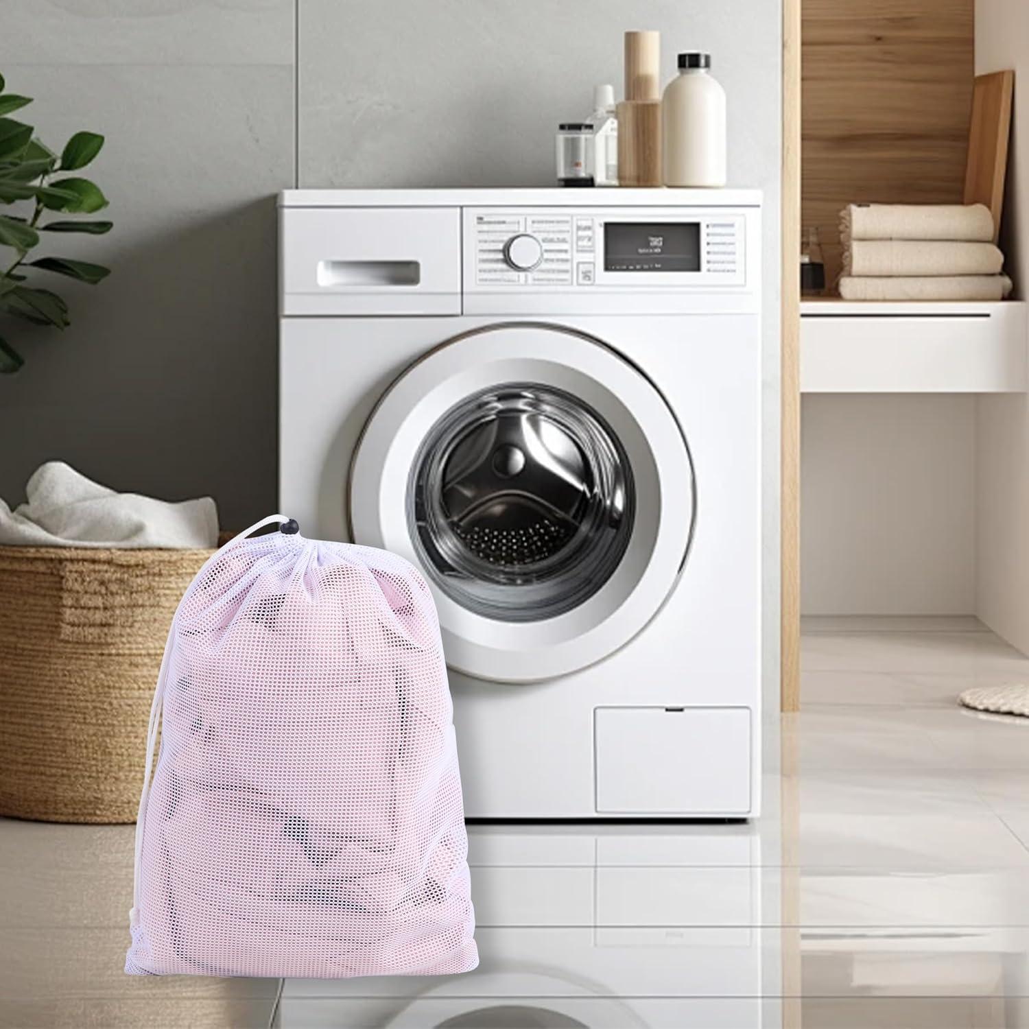 MIKIWELL Heavy Duty Large Mesh - Laundry Bag with Drawstring Closure and ID Tag, Durable Laundry Bag with Diamond Mesh - White (Small)