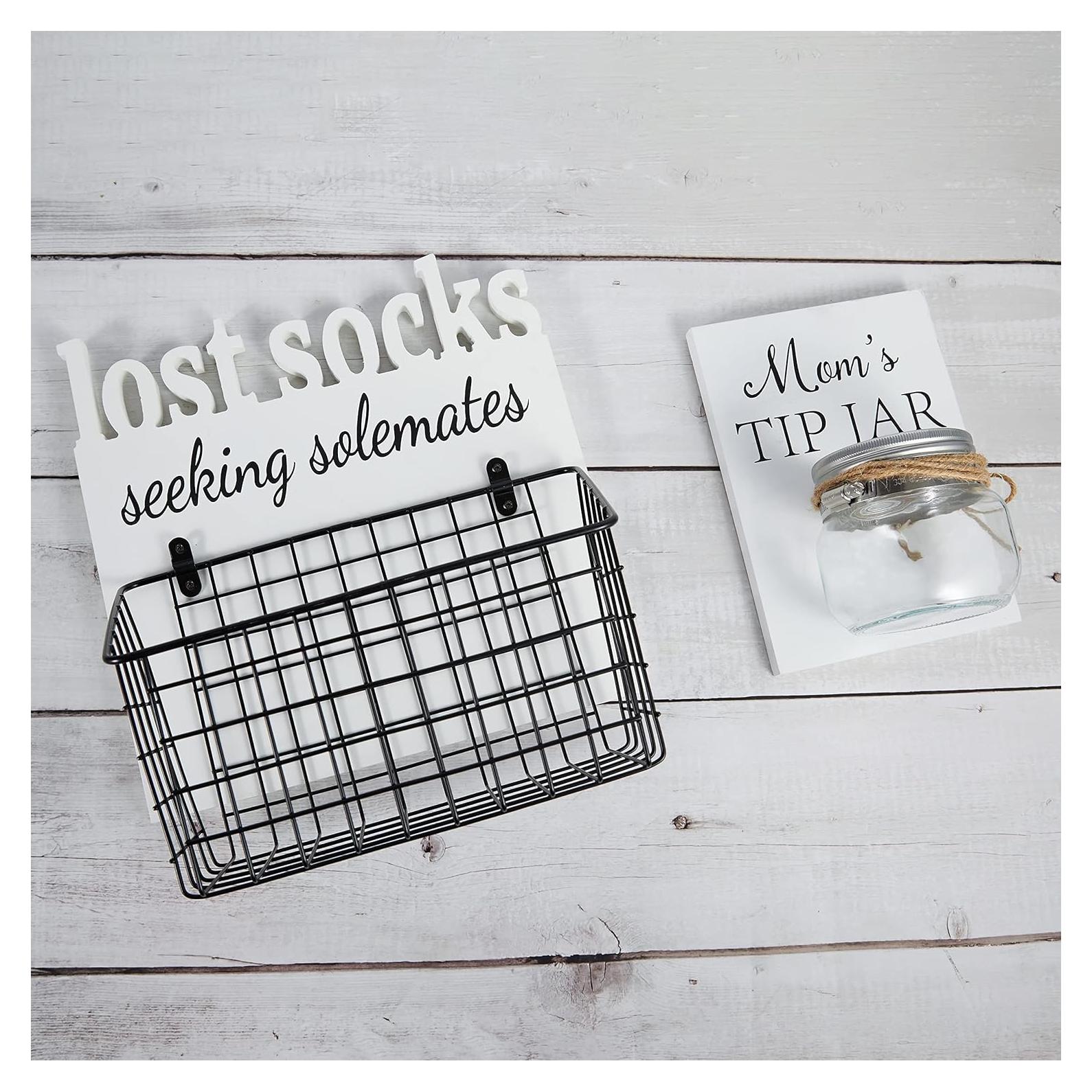 Cartel de Madera para Lavandería con Canasta y Tarro - Blanco