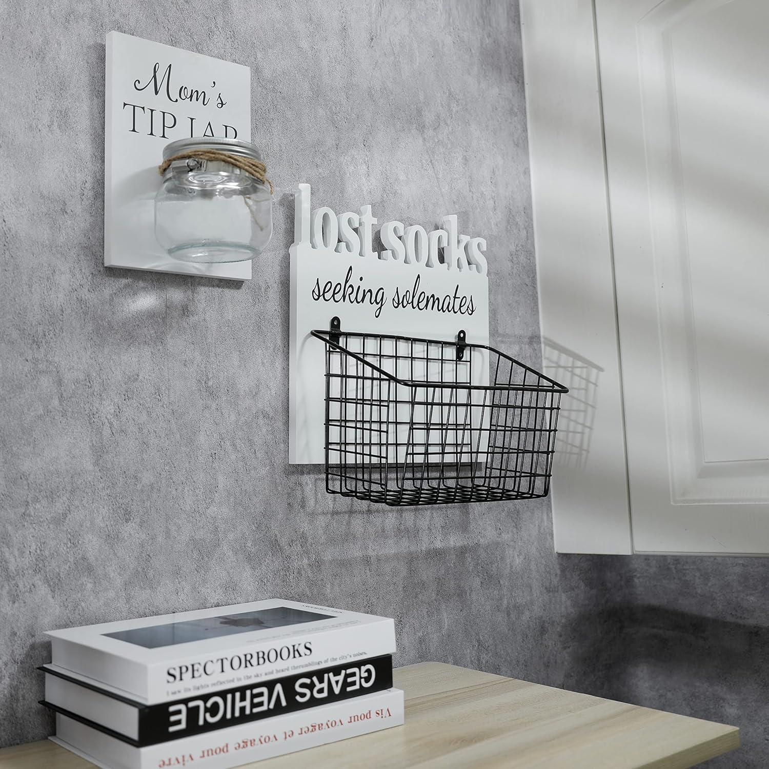 Cartel de Madera para Lavandería con Canasta y Tarro - Blanco