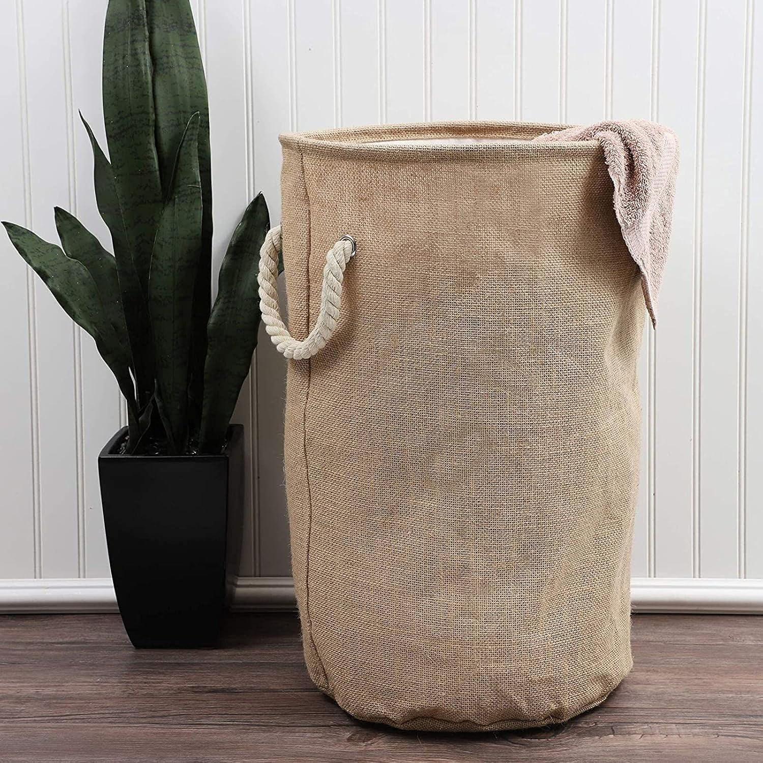 Cesta de Ropa Plegable Juvale 44L Redonda Beige con Cierre de Cuerda