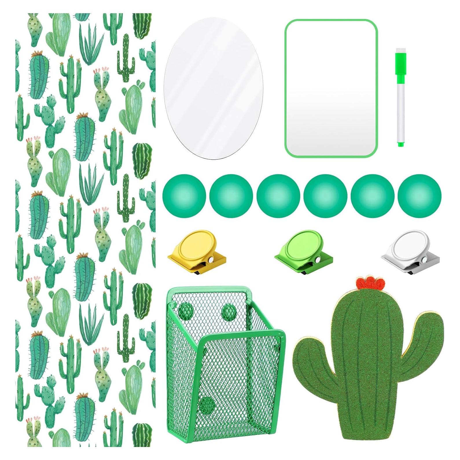 Harloon 15 Pcs Locker Decoration and Organizer Kit Locker Wallpaper Magnetic Pen Holder and Mirror Whiteboard Marker Cork Board with 3 Push Pins 3 Magnetic Clip 6 Magnets(Cactus)