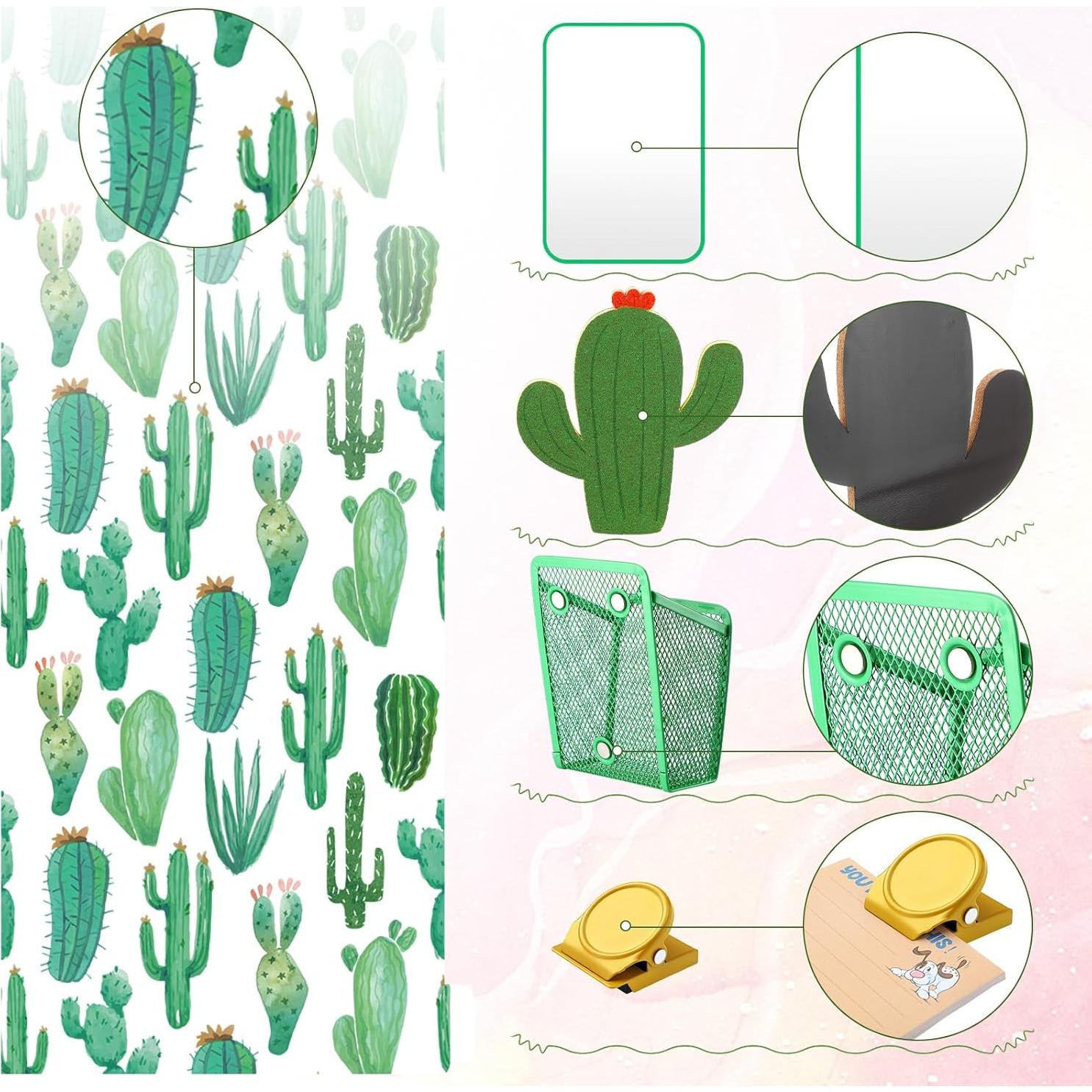 Harloon 15 Pcs Locker Decoration and Organizer Kit Locker Wallpaper Magnetic Pen Holder and Mirror Whiteboard Marker Cork Board with 3 Push Pins 3 Magnetic Clip 6 Magnets(Cactus)