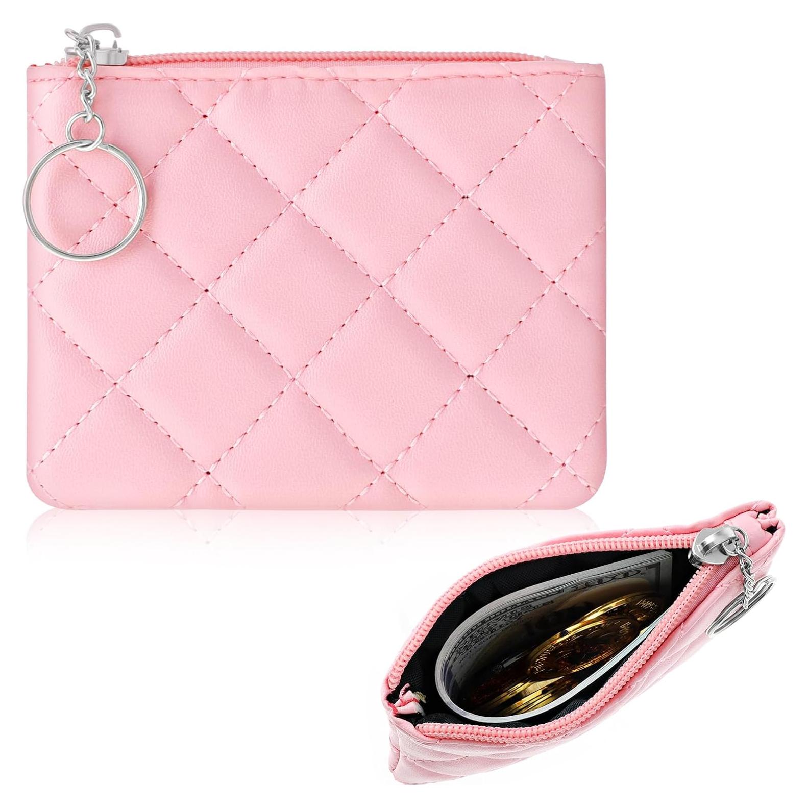 Monedero Rosa PU con Cremallera y Llavero para Mujeres