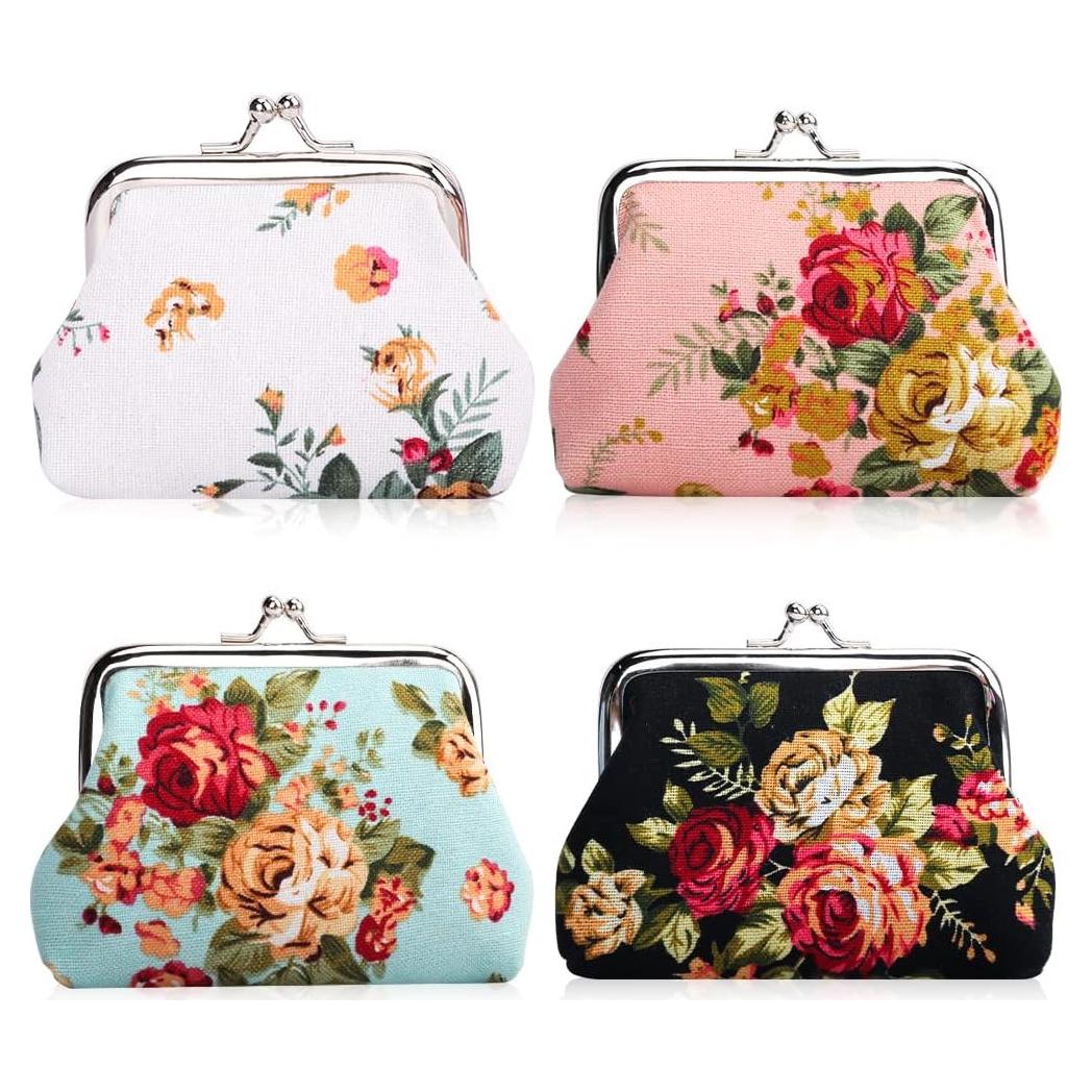 Monederos Florales Oyachic - 4 Paquetes con Cierre de Beso