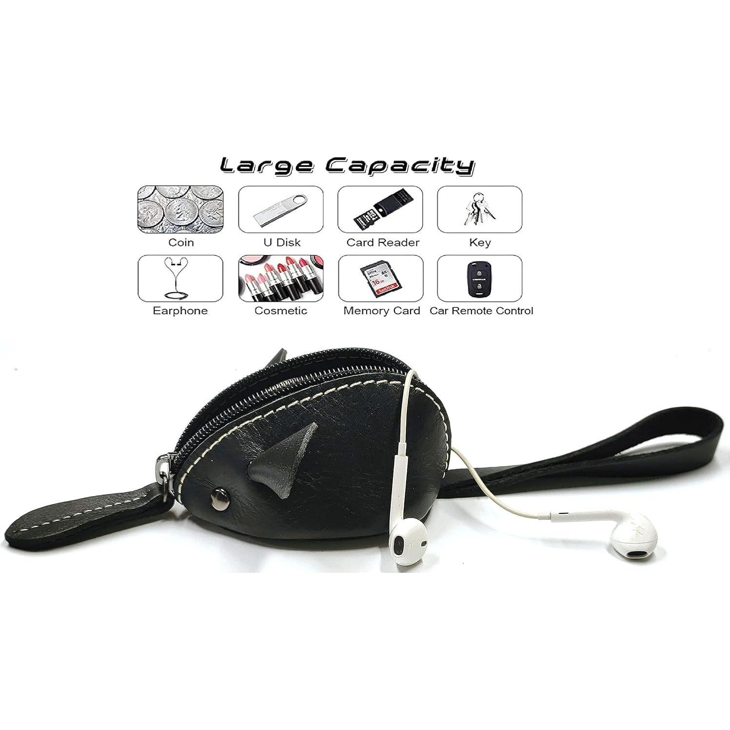 Monedero de Ratón de Cuero Genuino Niaiu Negro 7x10 cm