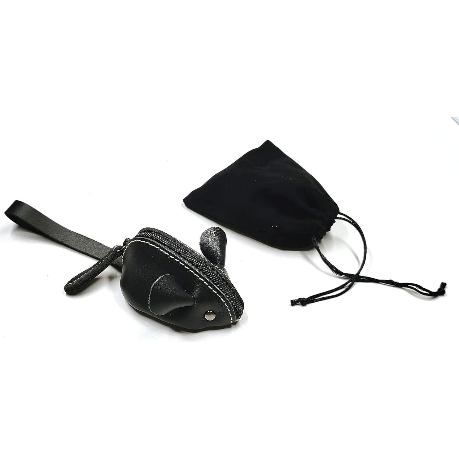 Monedero de Ratón de Cuero Genuino Niaiu Negro 7x10 cm