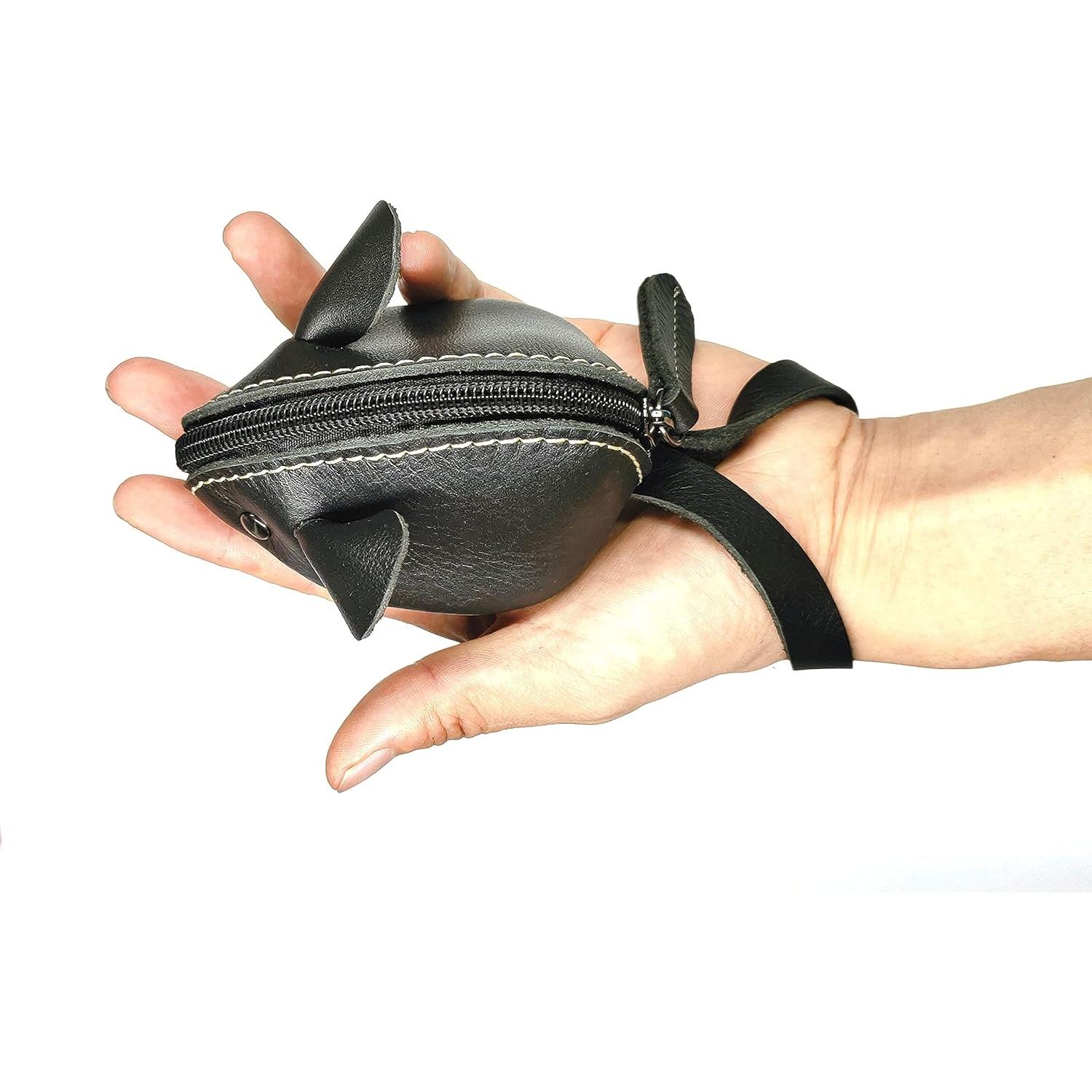 Monedero de Ratón de Cuero Genuino Niaiu Negro 7x10 cm