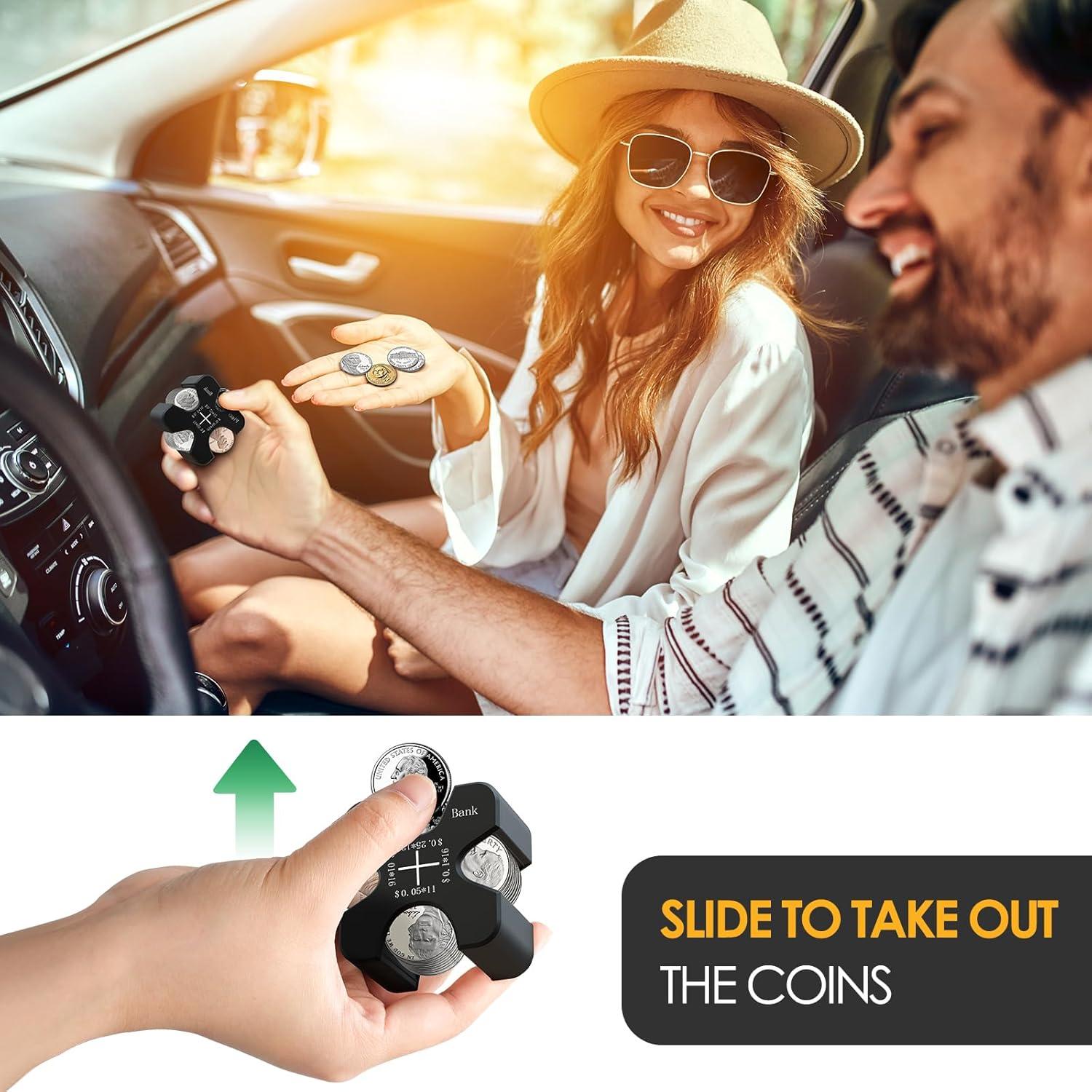 Vcertcpl Car Coin Holder - Silicone Change Organizer for 55 Coins, Portable Storage for Penny, Nickel, Dime and Quarter (Black)