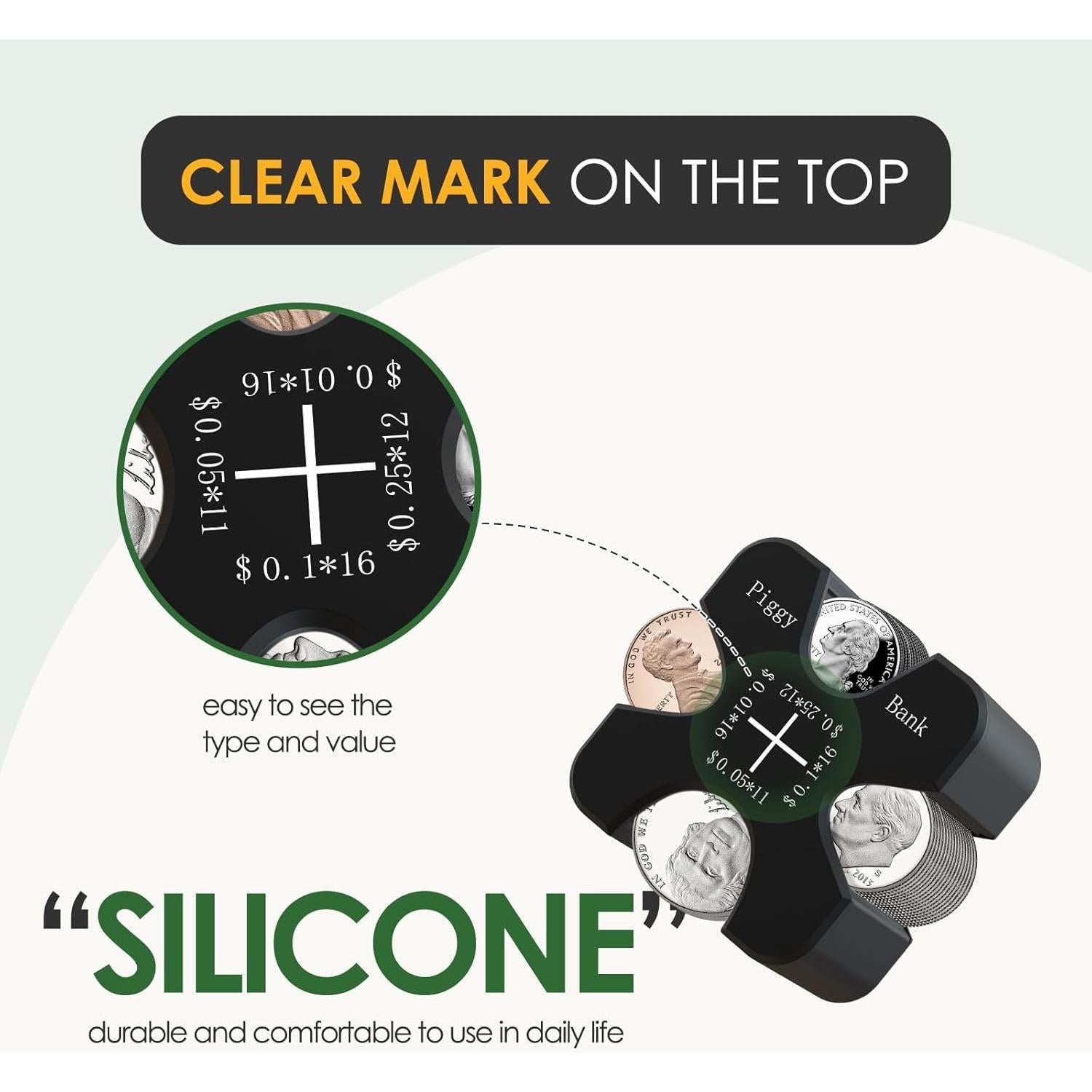 Vcertcpl Car Coin Holder - Silicone Change Organizer for 55 Coins, Portable Storage for Penny, Nickel, Dime and Quarter (Black)