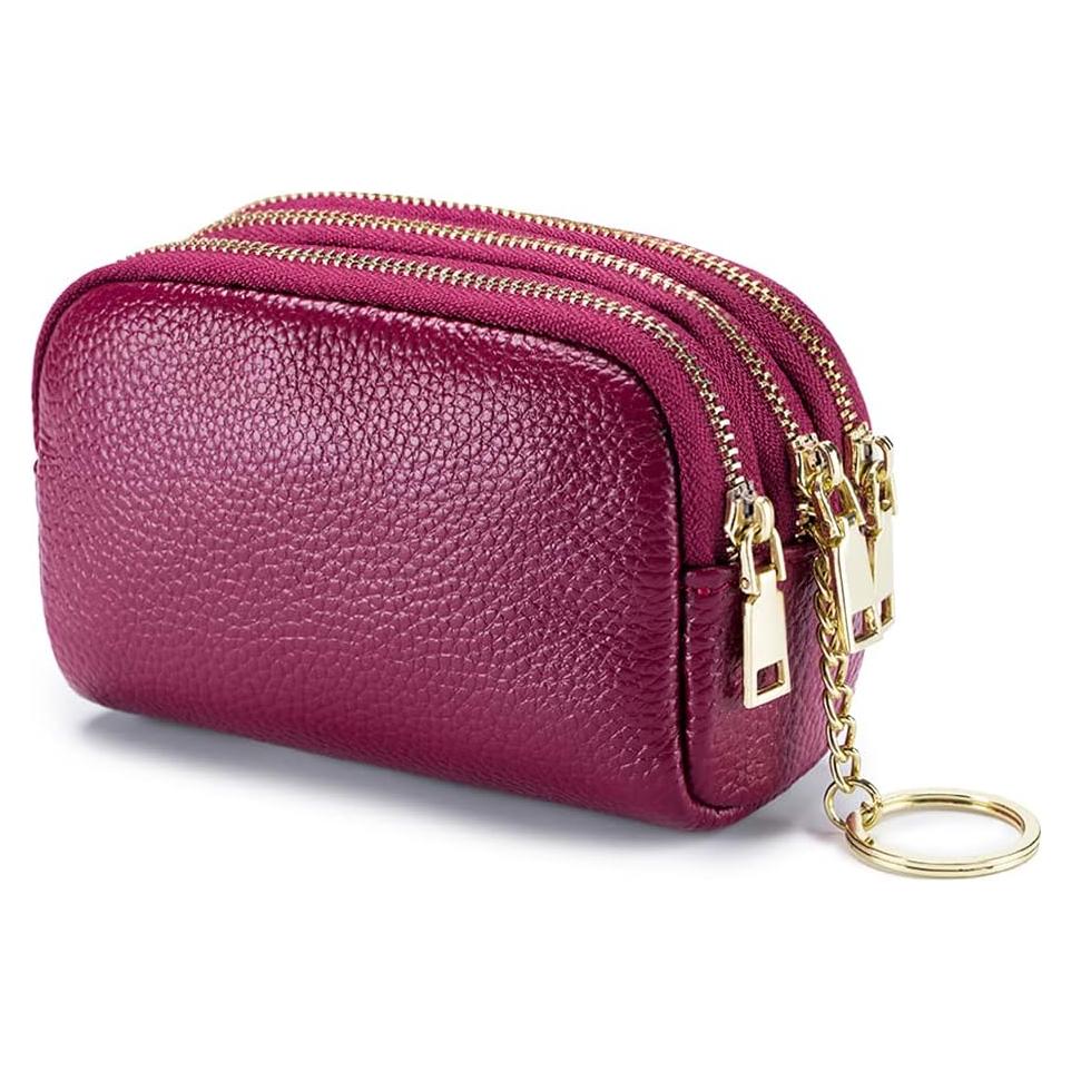 Monedero de Cuero Genuino LINNO Triple Capacidad Púrpura