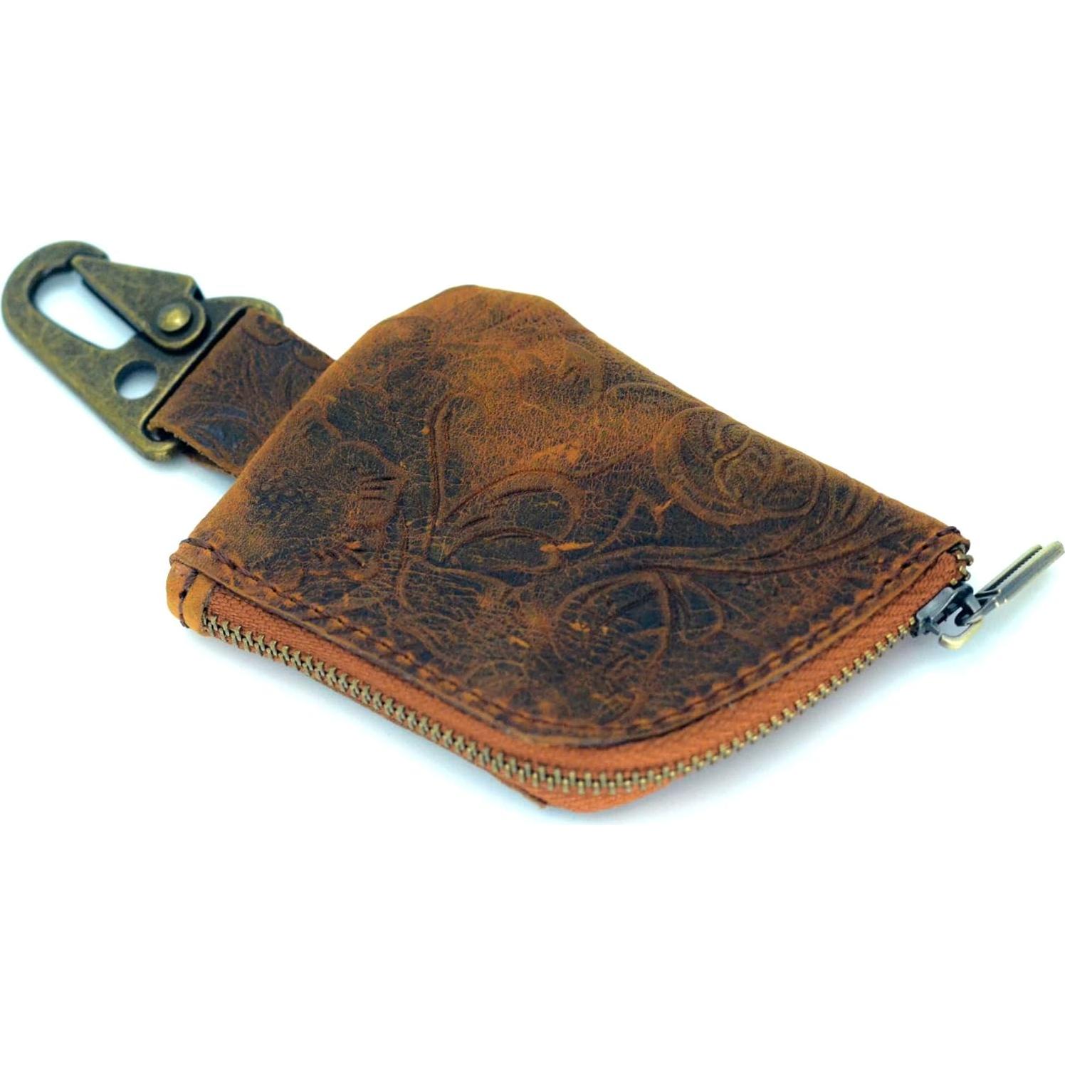 Billetera de Cuero Genuino JJNUSA Marrón Floral con Cremallera