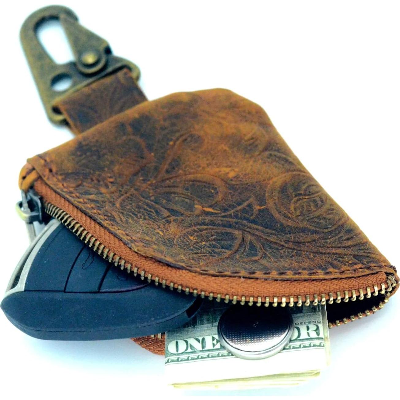 Billetera de Cuero Genuino JJNUSA Marrón Floral con Cremallera