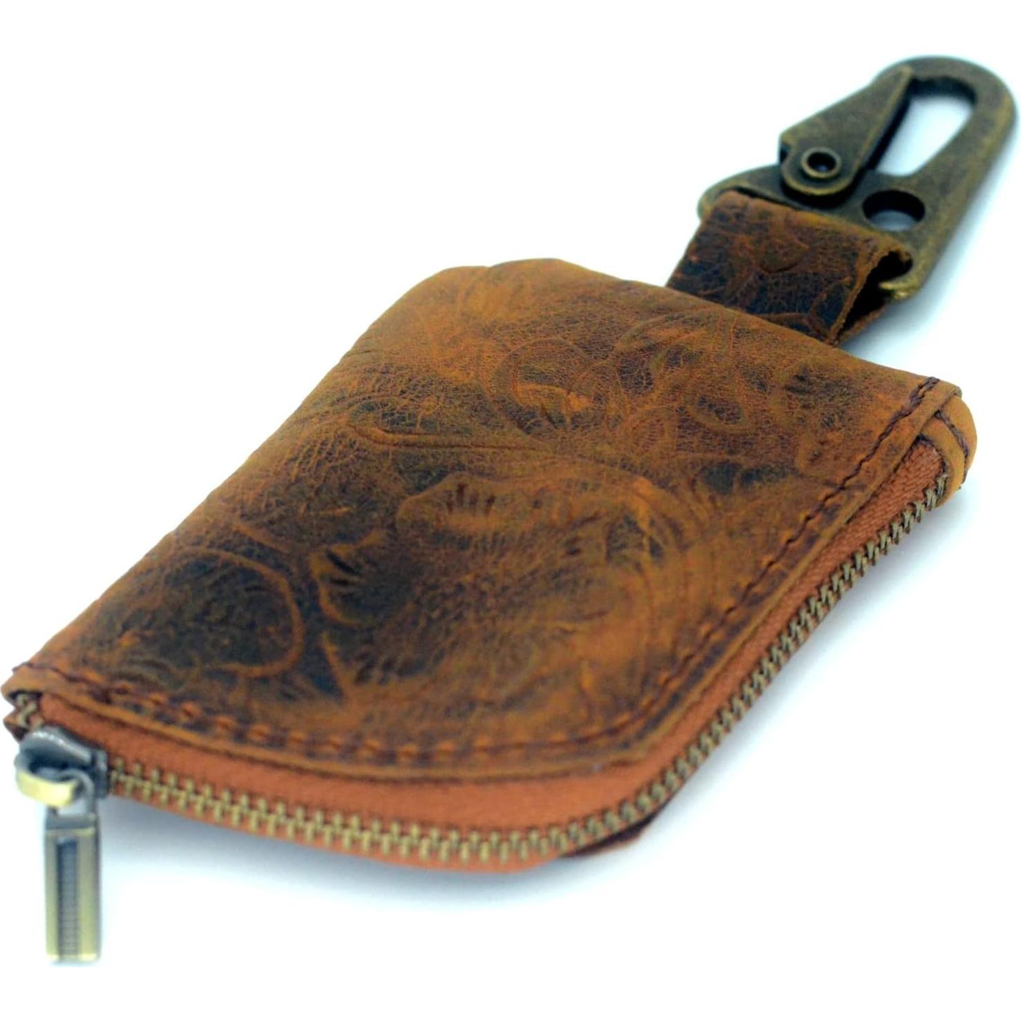 Billetera de Cuero Genuino JJNUSA Marrón Floral con Cremallera