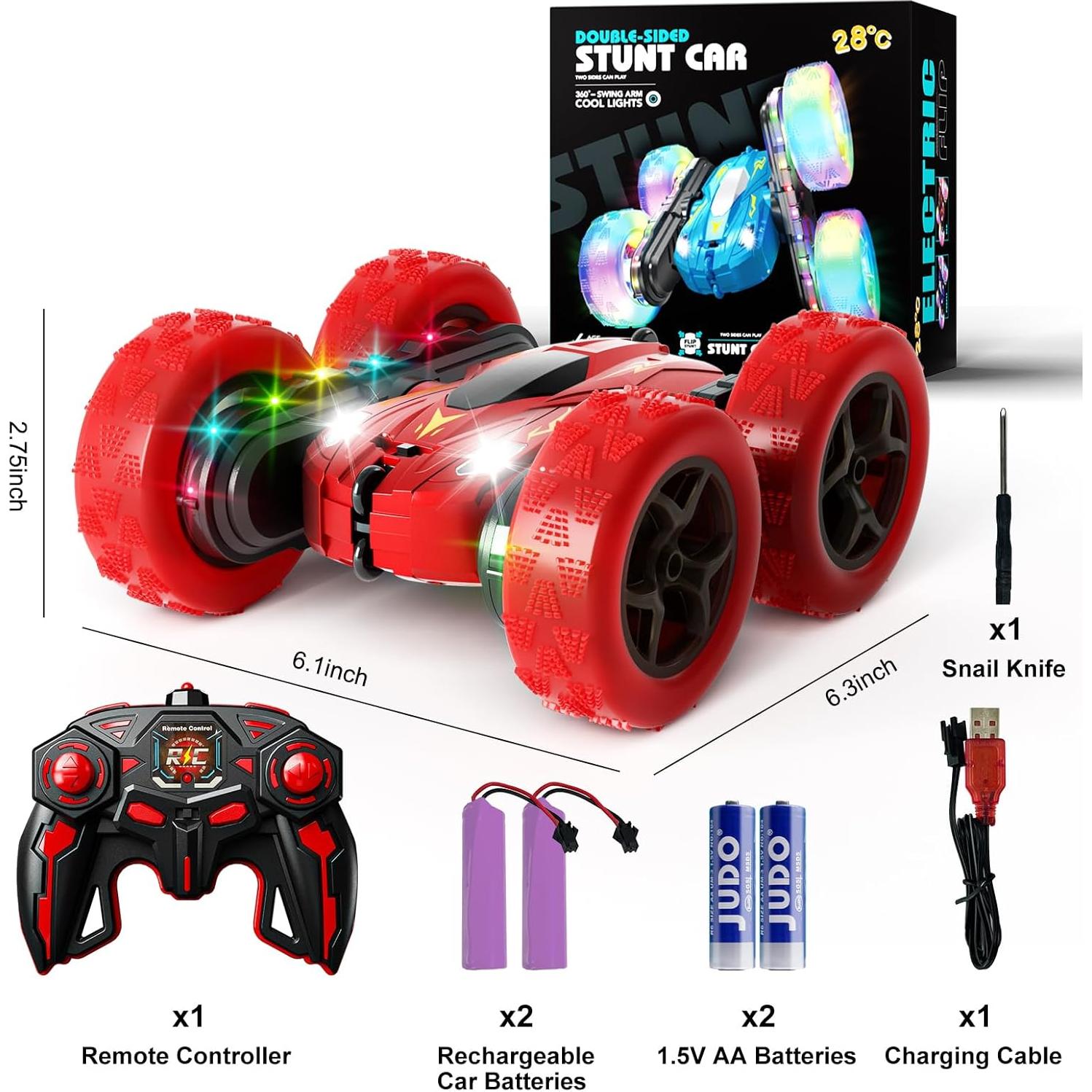 Coche RC Acrobático 28°C Doble Lado 360° Luz LED Rojo