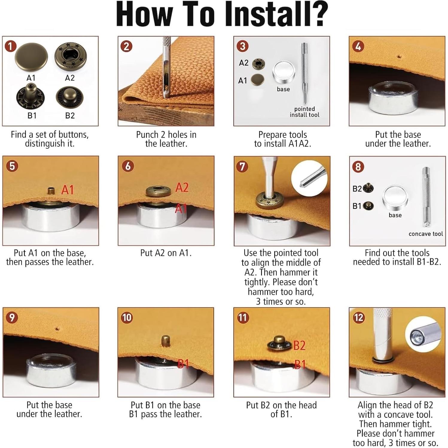 Kit de Botones de Cuero Alritz 120 Sets 12.5mm 6 Colores