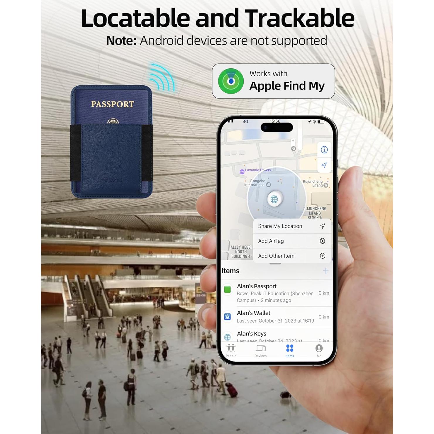 Soporte de Pasaporte HiWe Azul con Rastreador Find My y Bloqueo RFID