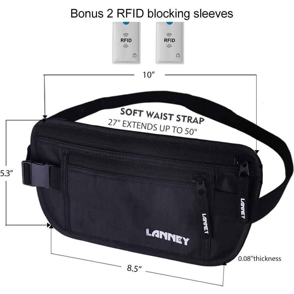 Cinturón de Dinero LANNEY RFID Negro para Viajes y Documentos
