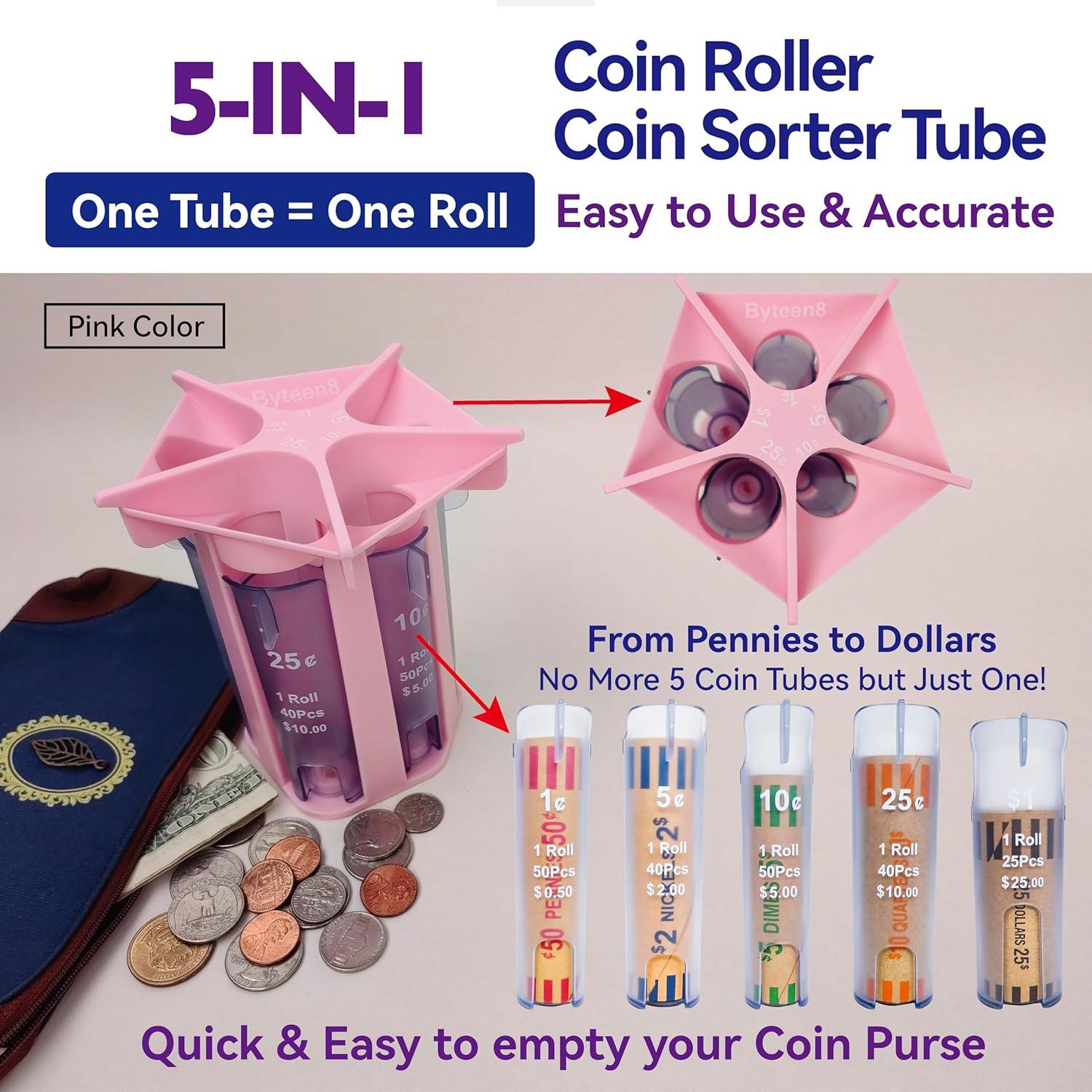 Contador de Monedas Rosa Byteen8 - Tubo Clasificador y Organizador