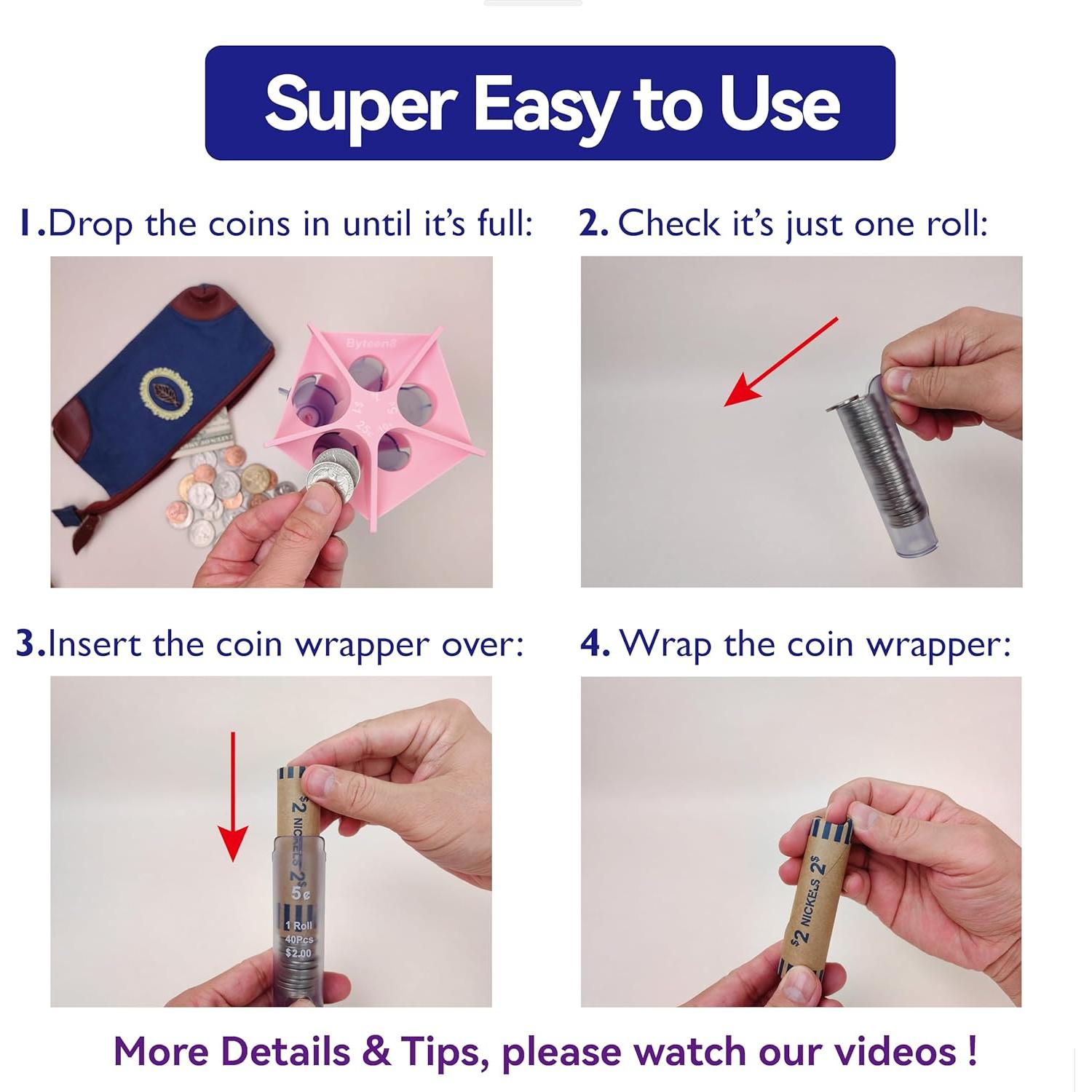 Contador de Monedas Rosa Byteen8 - Tubo Clasificador y Organizador