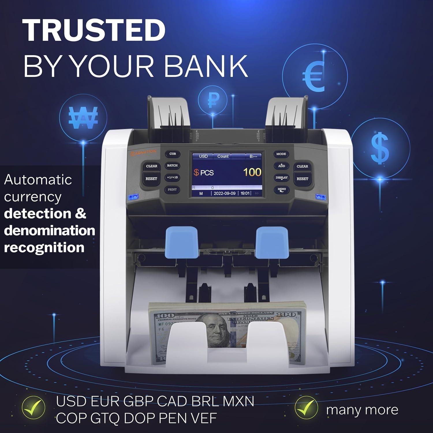 Contador de Billetes CARNATION CR1500 Multimoneda 1100/min