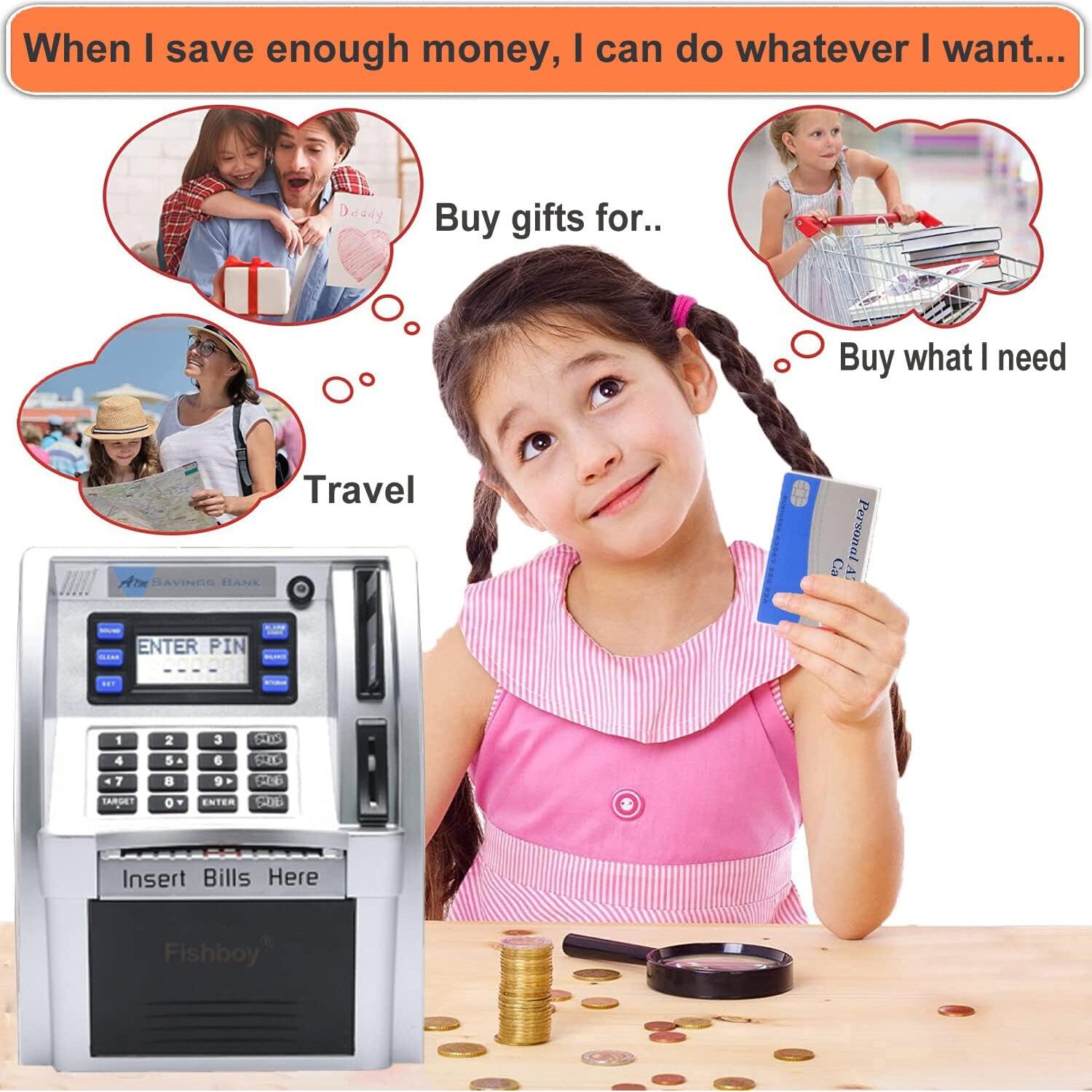 Hucha ATM Fishboy para Niños con Tarjeta y Memoria - Plata/Negro