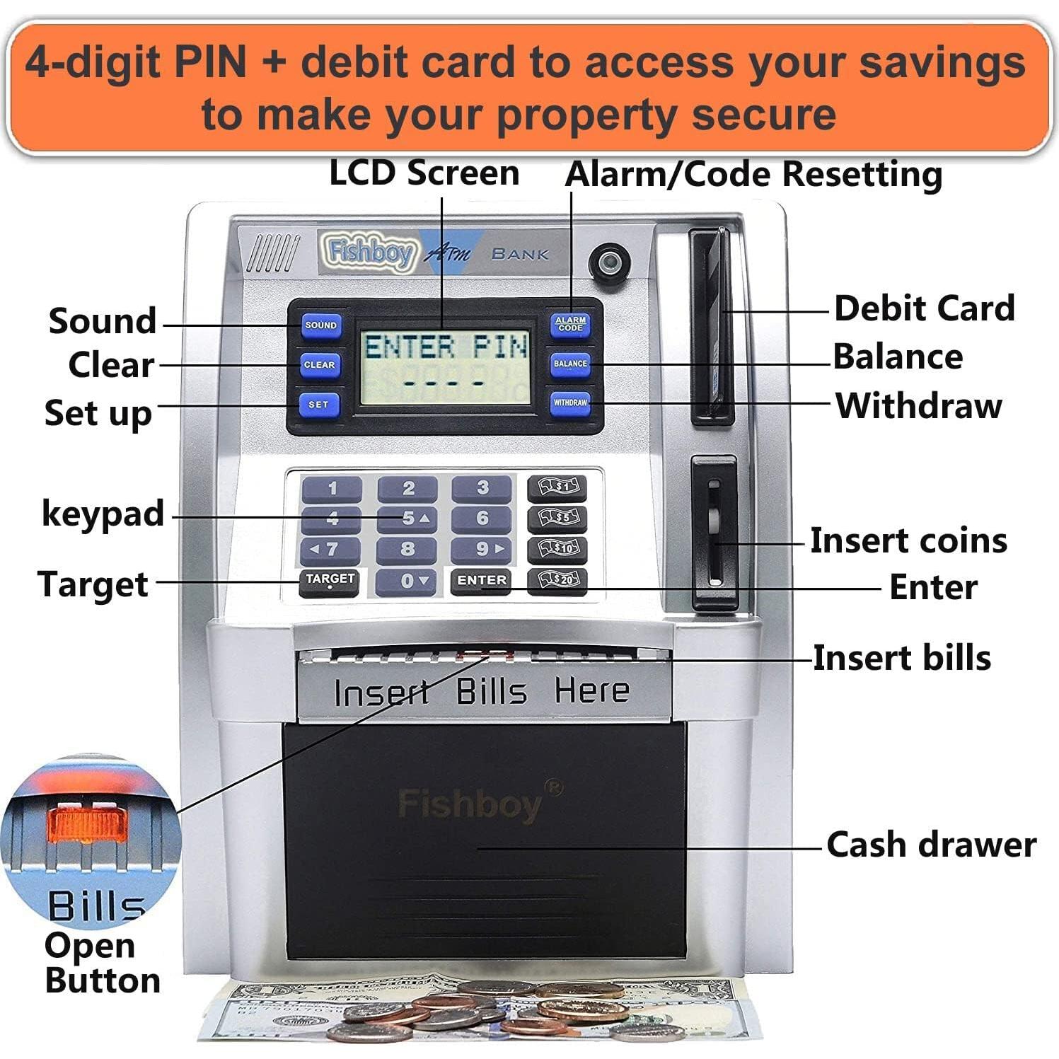 Hucha ATM Fishboy para Niños con Tarjeta y Memoria - Plata/Negro