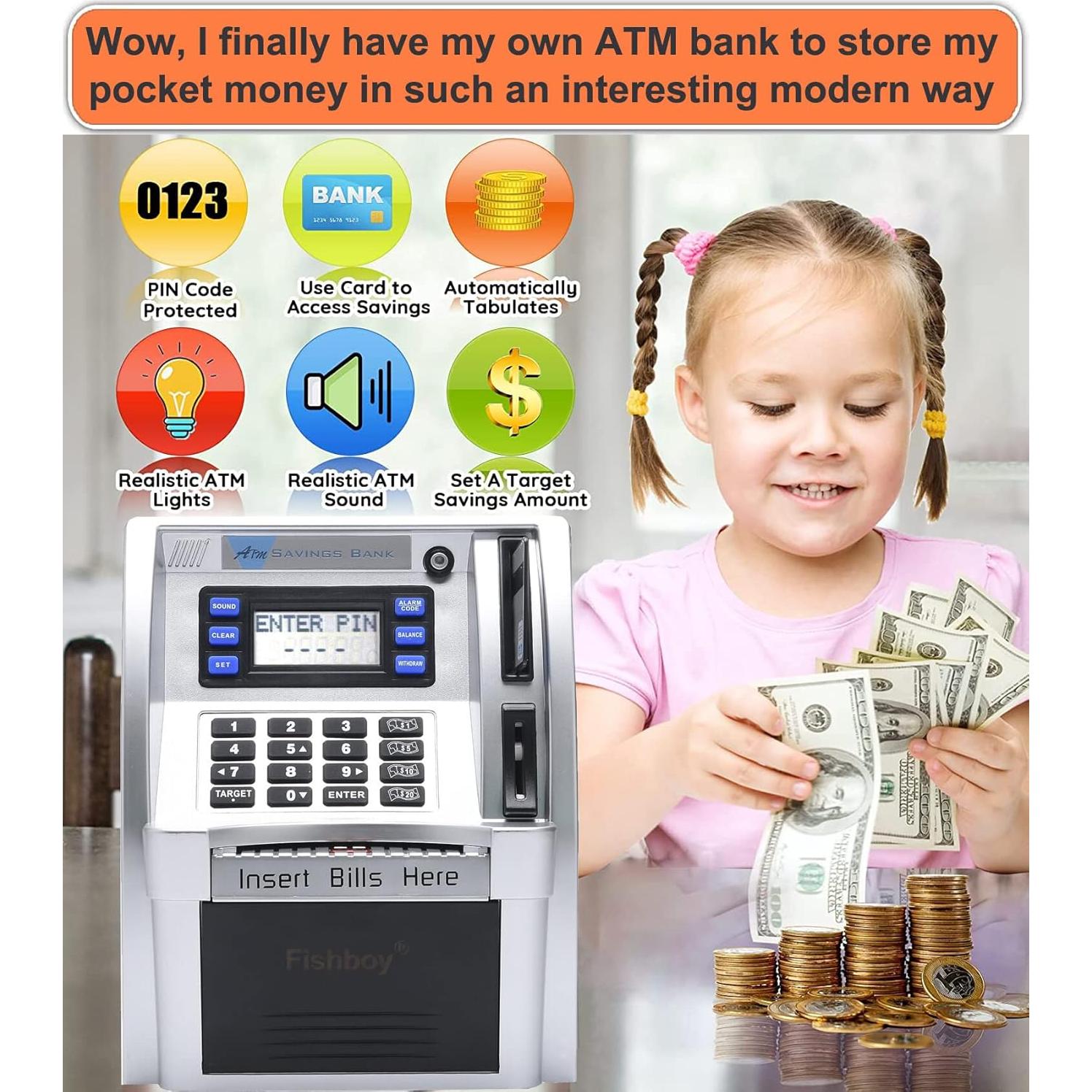 Hucha ATM Fishboy para Niños con Tarjeta y Memoria - Plata/Negro