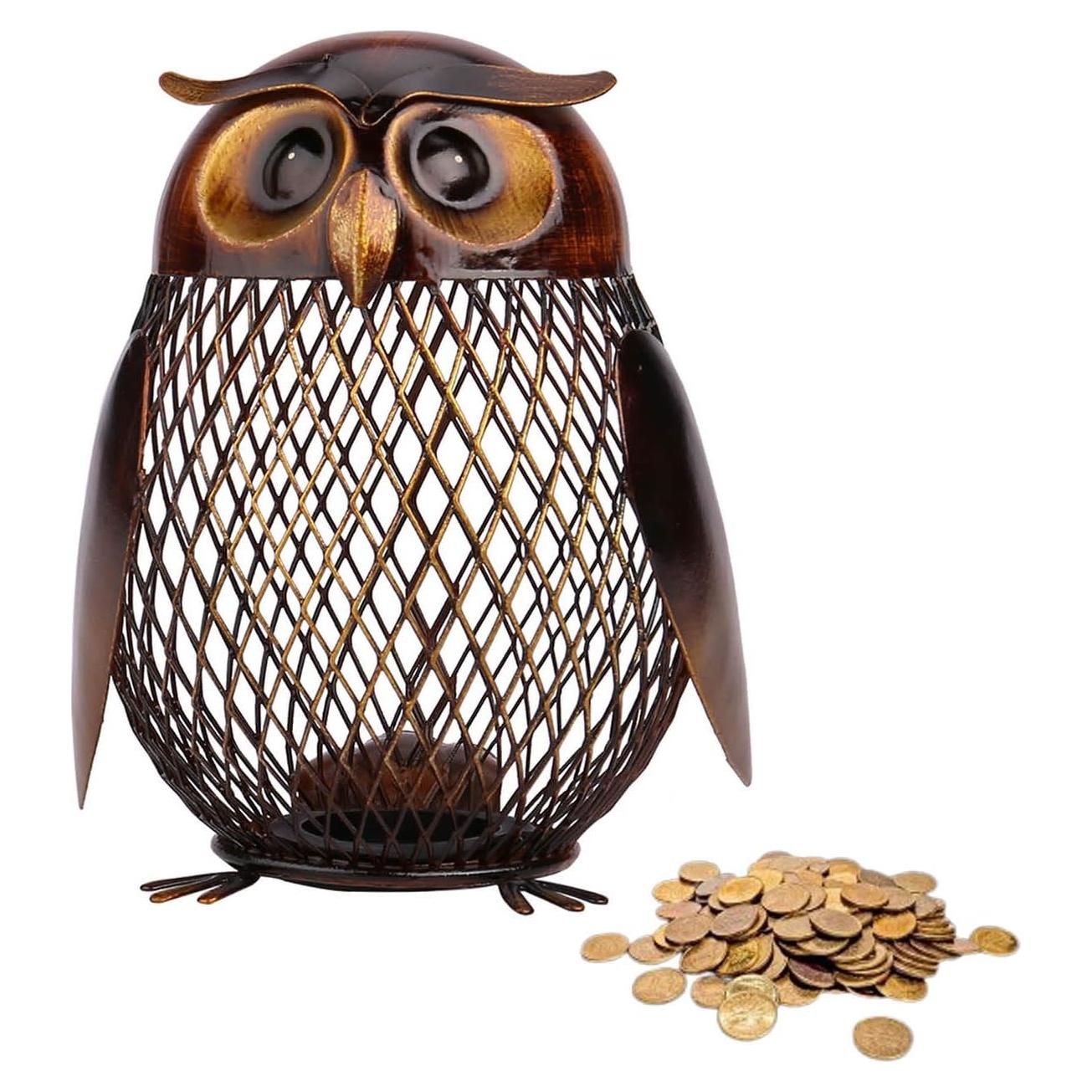 Caja de Ahorros Búho de Metal Tooarts Hecha a Mano 11.4x10.8x14.4cm