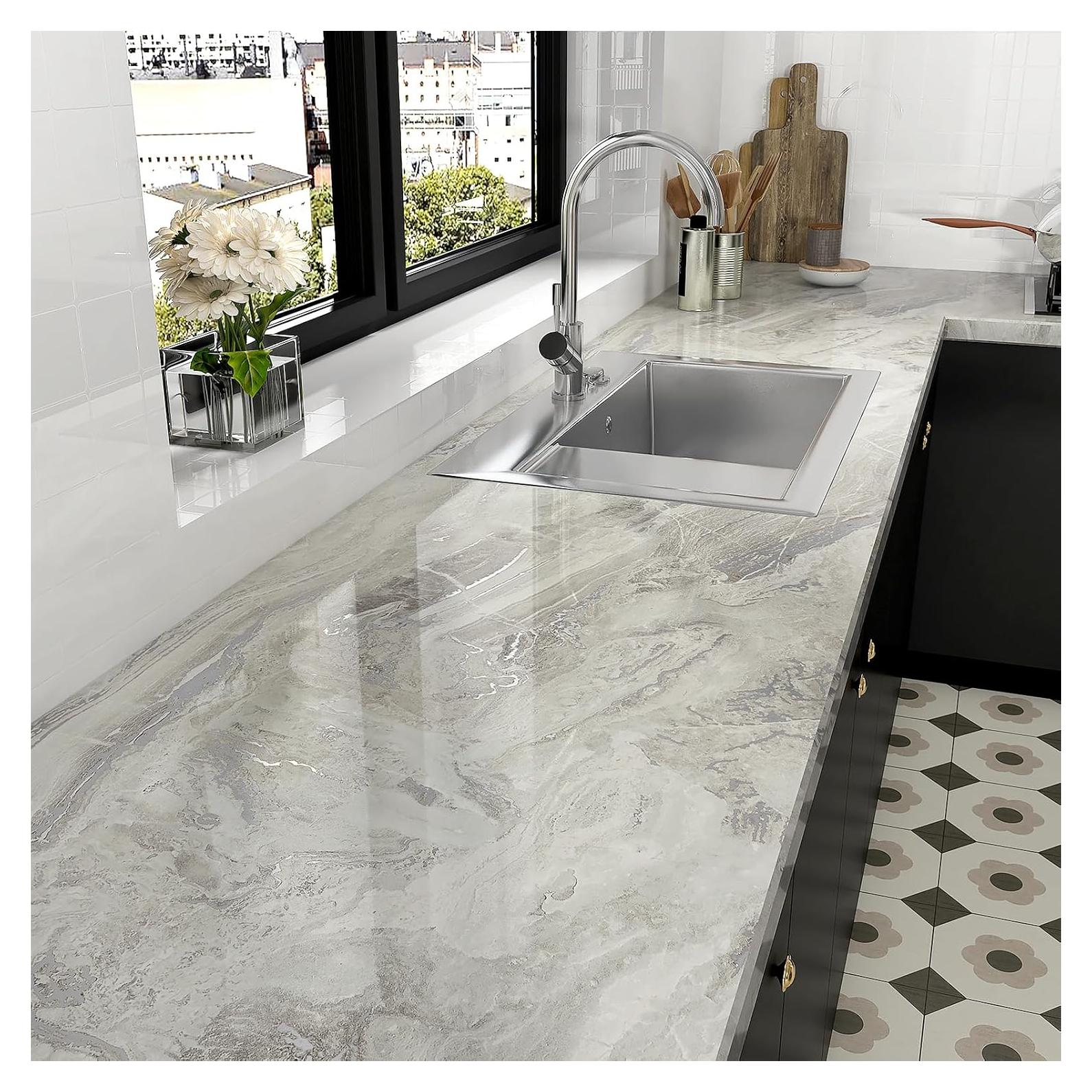 Papel Contacto de Mármol Beige/Plateado Brillante 61x299cm