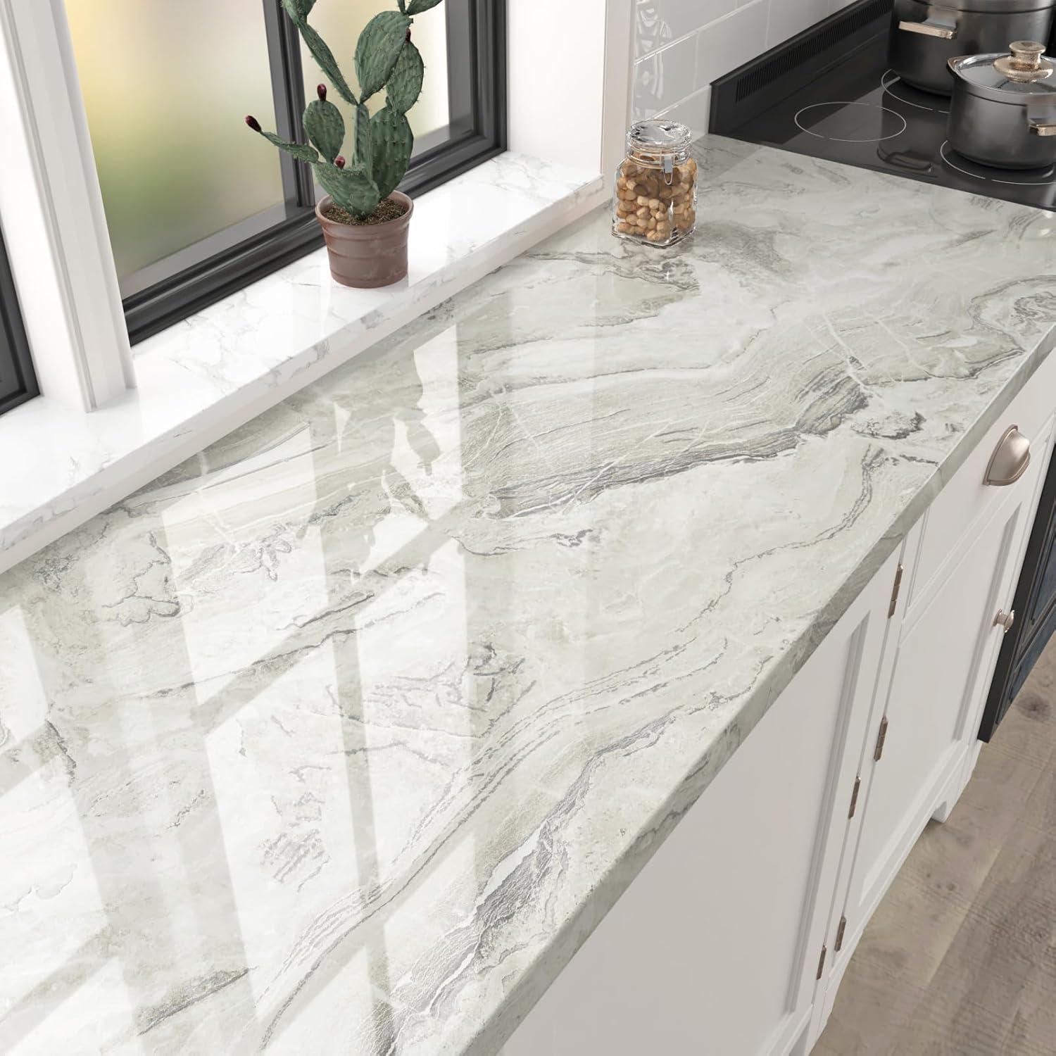 Papel Contacto de Mármol Beige/Plateado Brillante 61x299cm