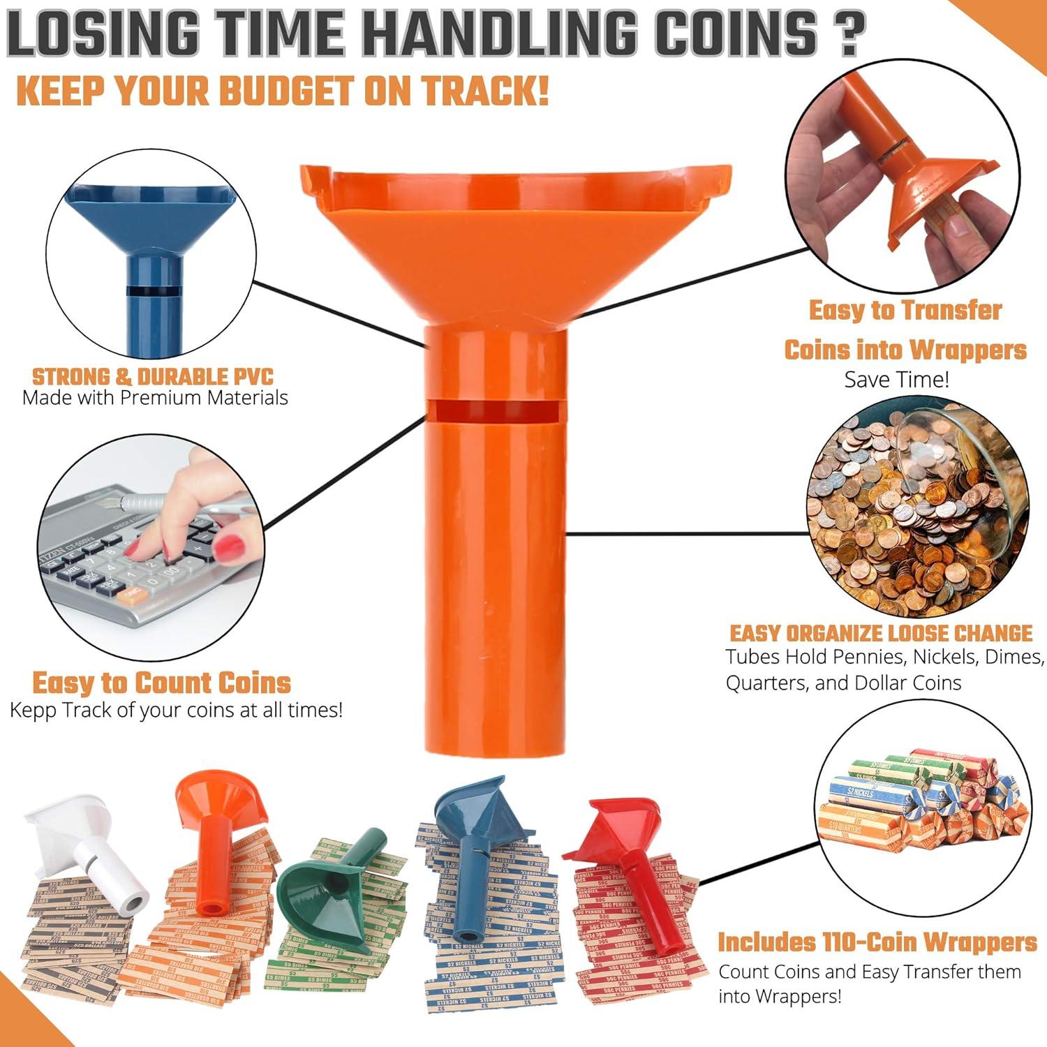 Juego de Tubos para Contar Monedas Budgetizer - 5 Tubos + 110 Envolturas