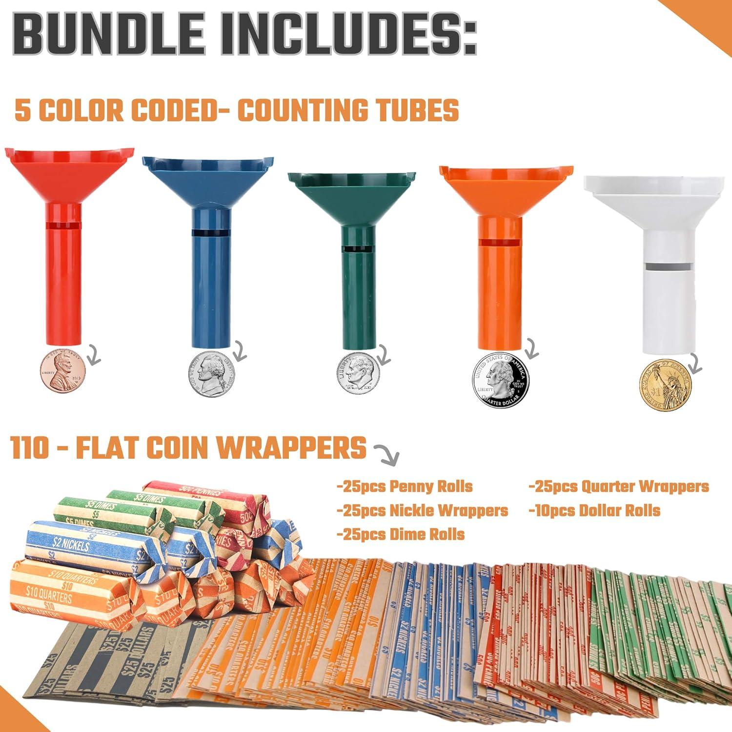 Juego de Tubos para Contar Monedas Budgetizer - 5 Tubos + 110 Envolturas