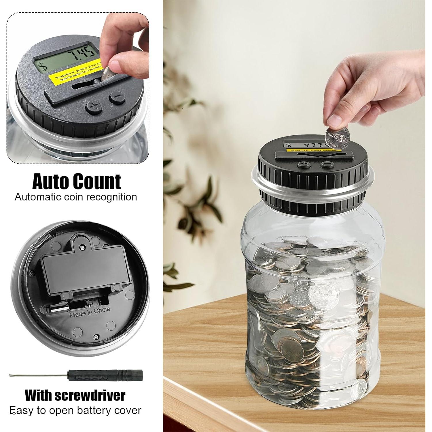 Contador de Monedas Digital QPEY 1.8L con Pantalla LCD Plata