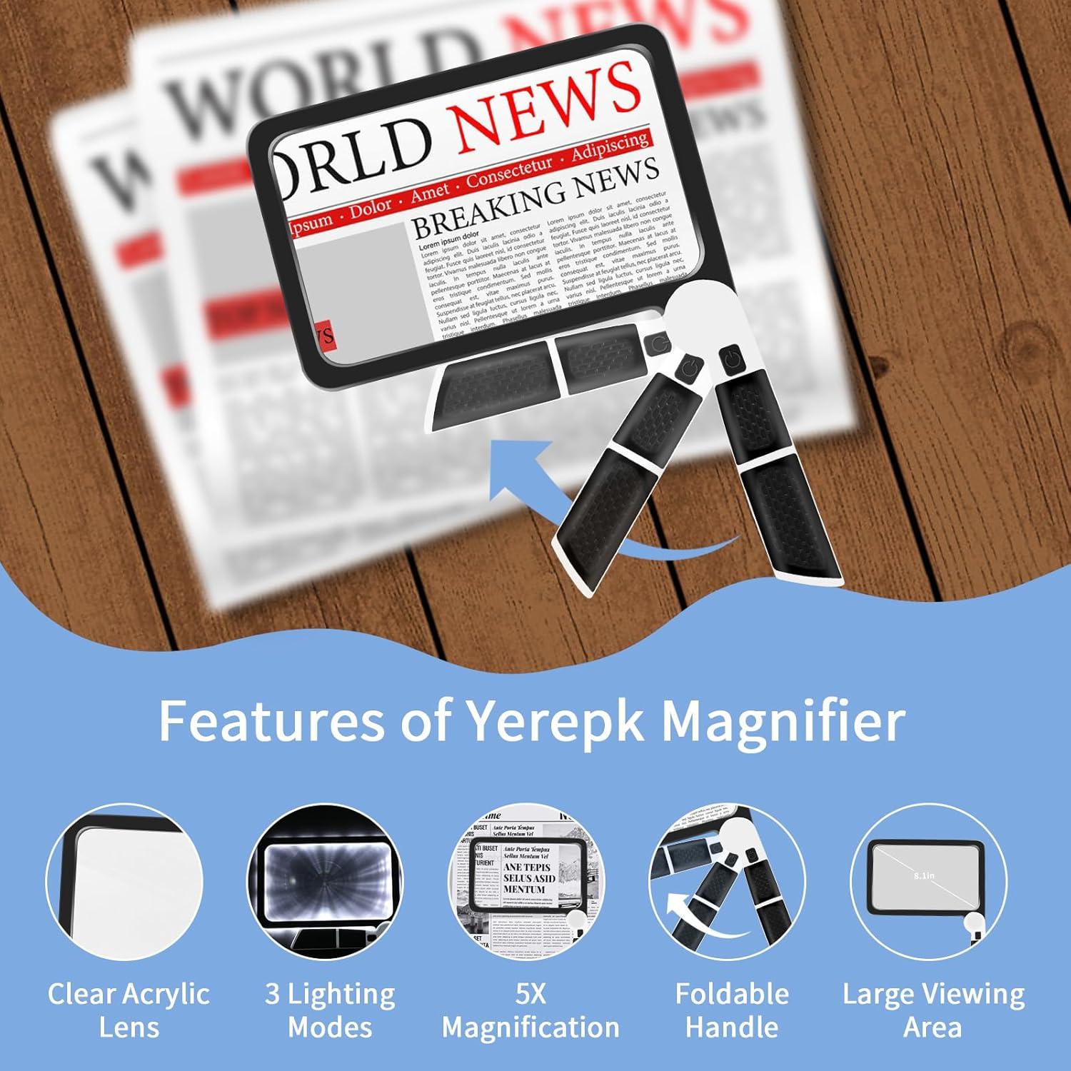 Lupa Iluminada 5X Yerepk con 48 LEDs y Lente Acrílica