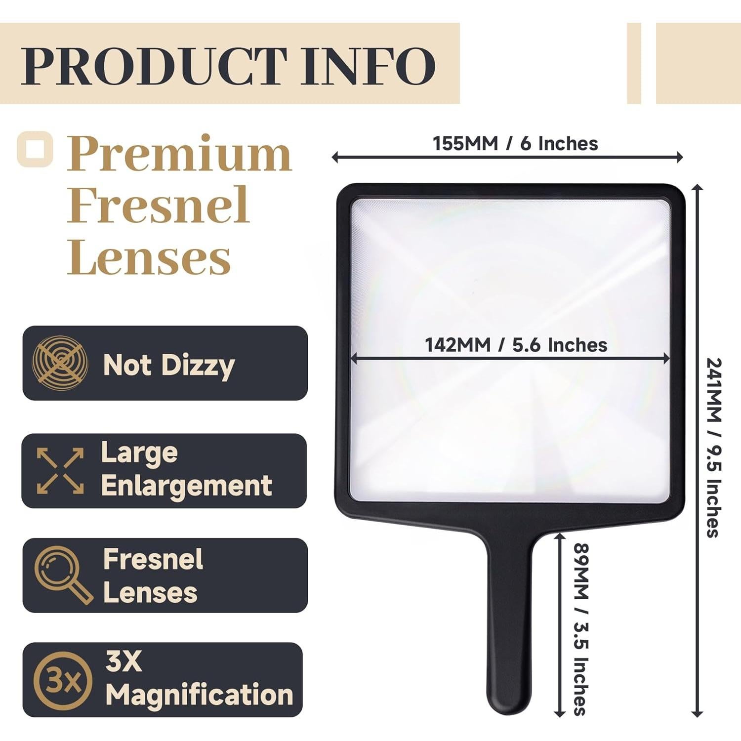 Lupa de Mano USEAMIE 3X Grande con Lente Fresnel - Negra