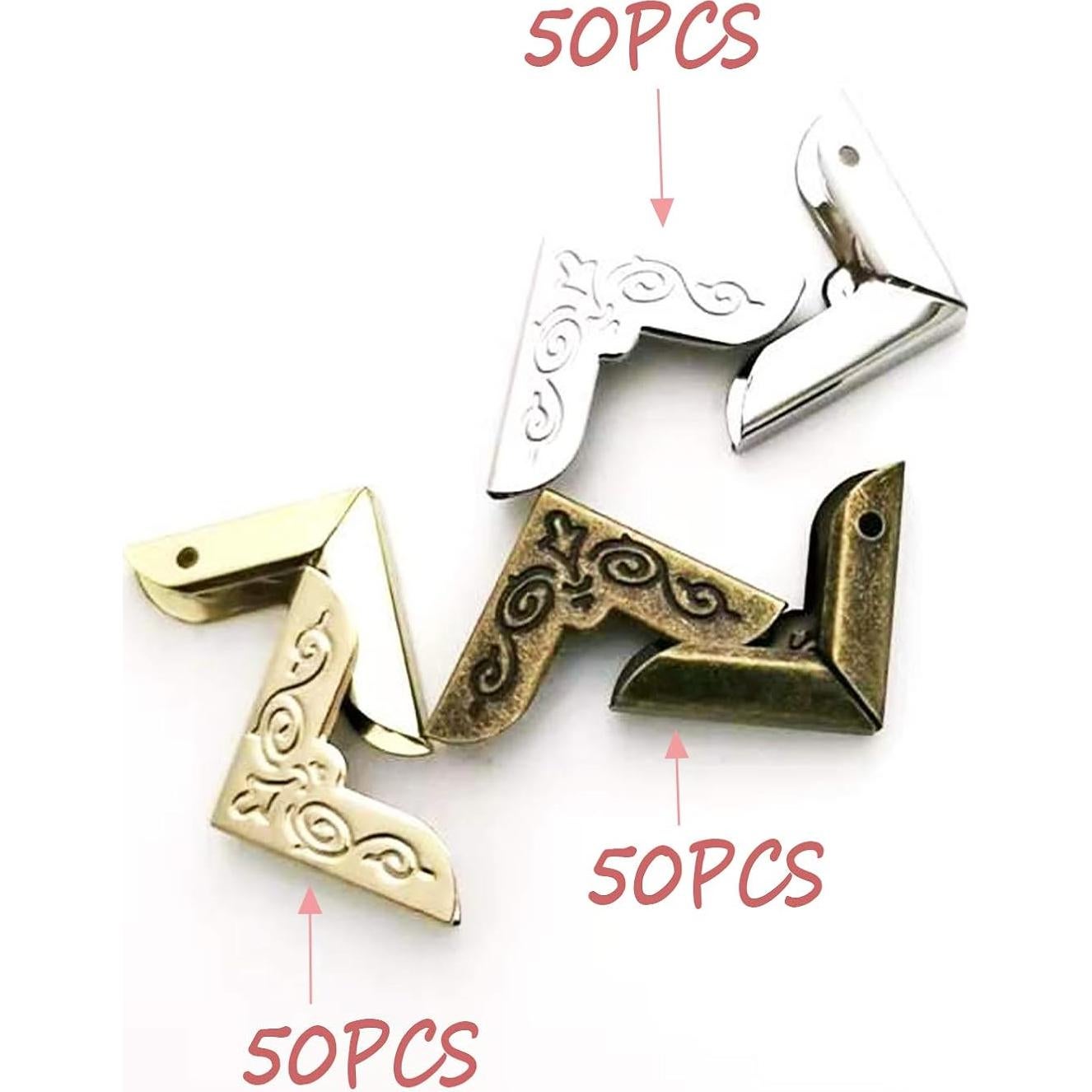 150PCS Protectores de Esquinas de Metal HanyHere - 50 Dorados, 50 Plateados, 50 Bronce