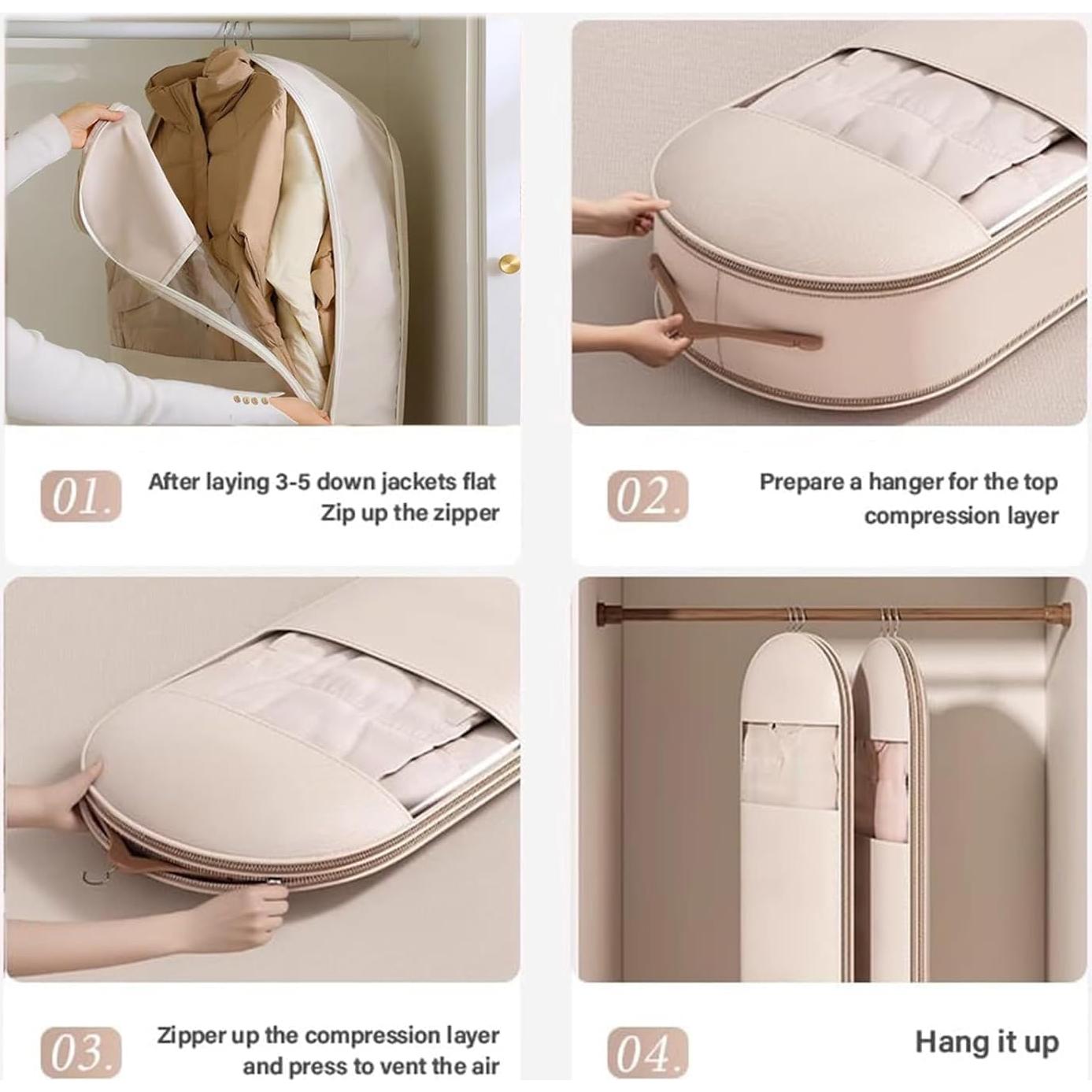 Bolsa de Ropa Colgante Beige L con Cierre de Compresión Automática