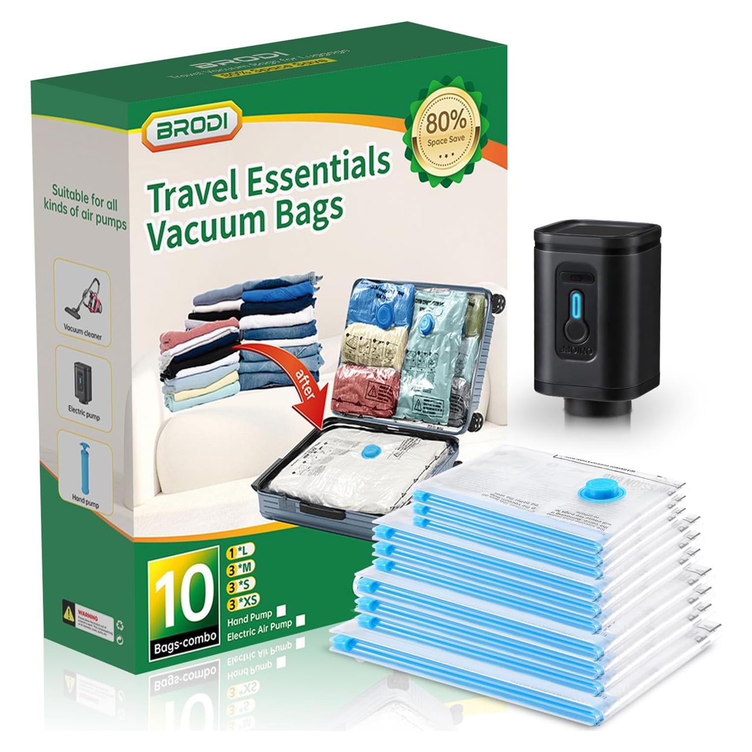 Bolsas de Vacío Brodi 10 Pzas con Bomba Eléctrica - Ahorra Espacio