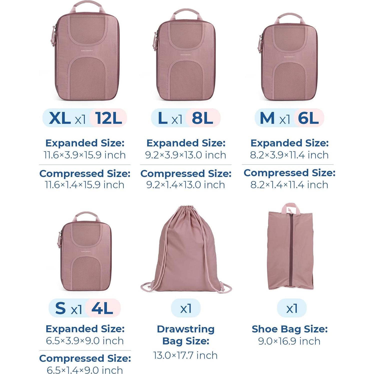 Set de 6 Cubos de Empaque BAGSMART para Viajes - Rosa Polvoriento