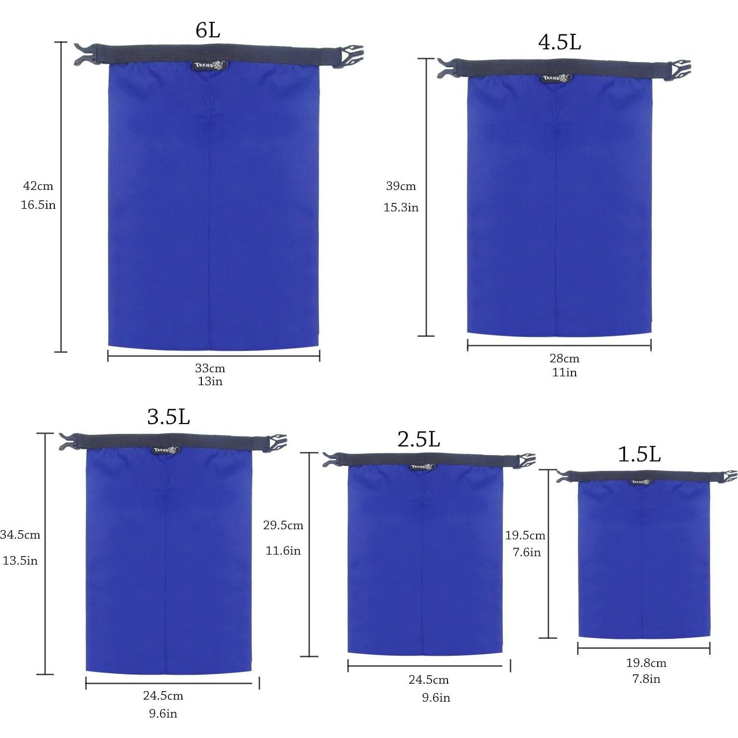 TRENDBOX Bolsa Impermeable Roll Top Set de 5 Tamaños 1.5L a 6L