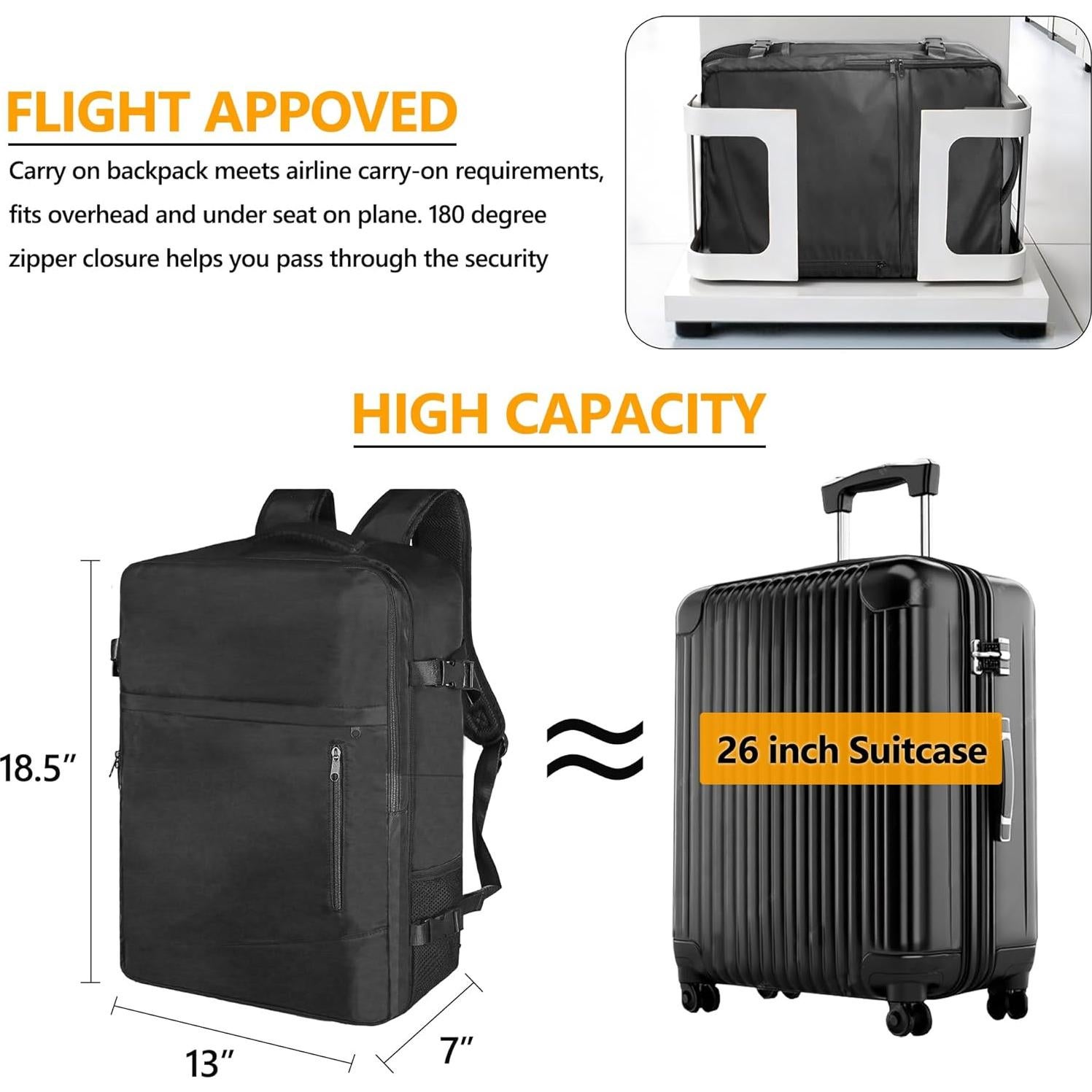 Mochila de Viaje SUOCO 50-60L con Bolsa de Vacío Negra