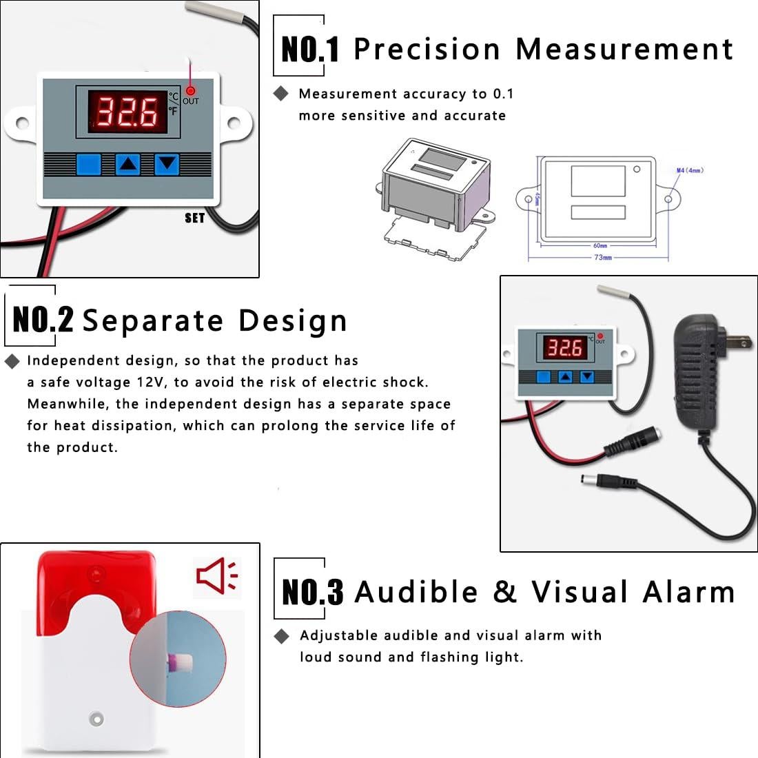 Monitor de Temperatura 12V CSRBUY con Sonda Impermeable 5M