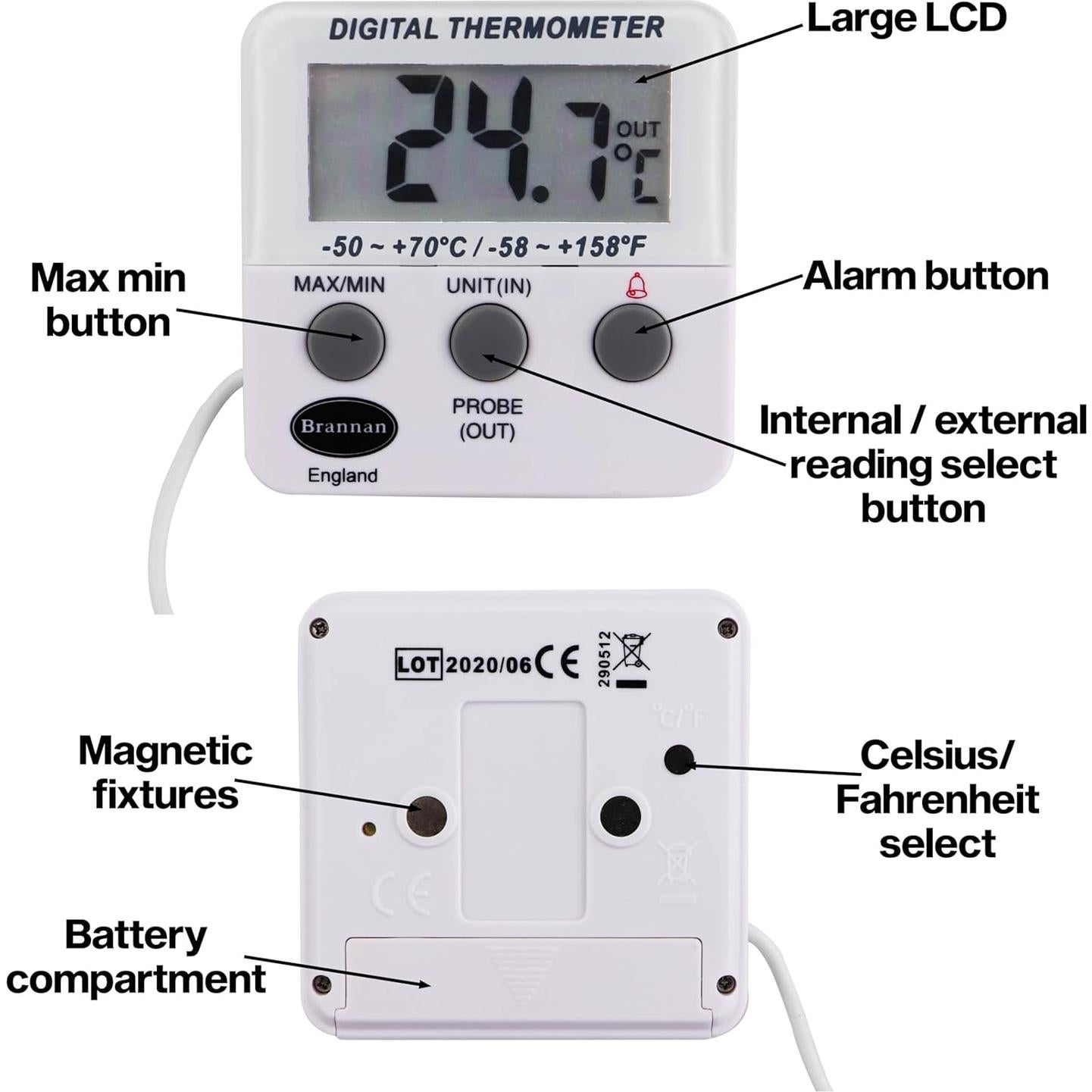 Termómetro Digital Brannan para Refrigerador y Congelador con Alarma