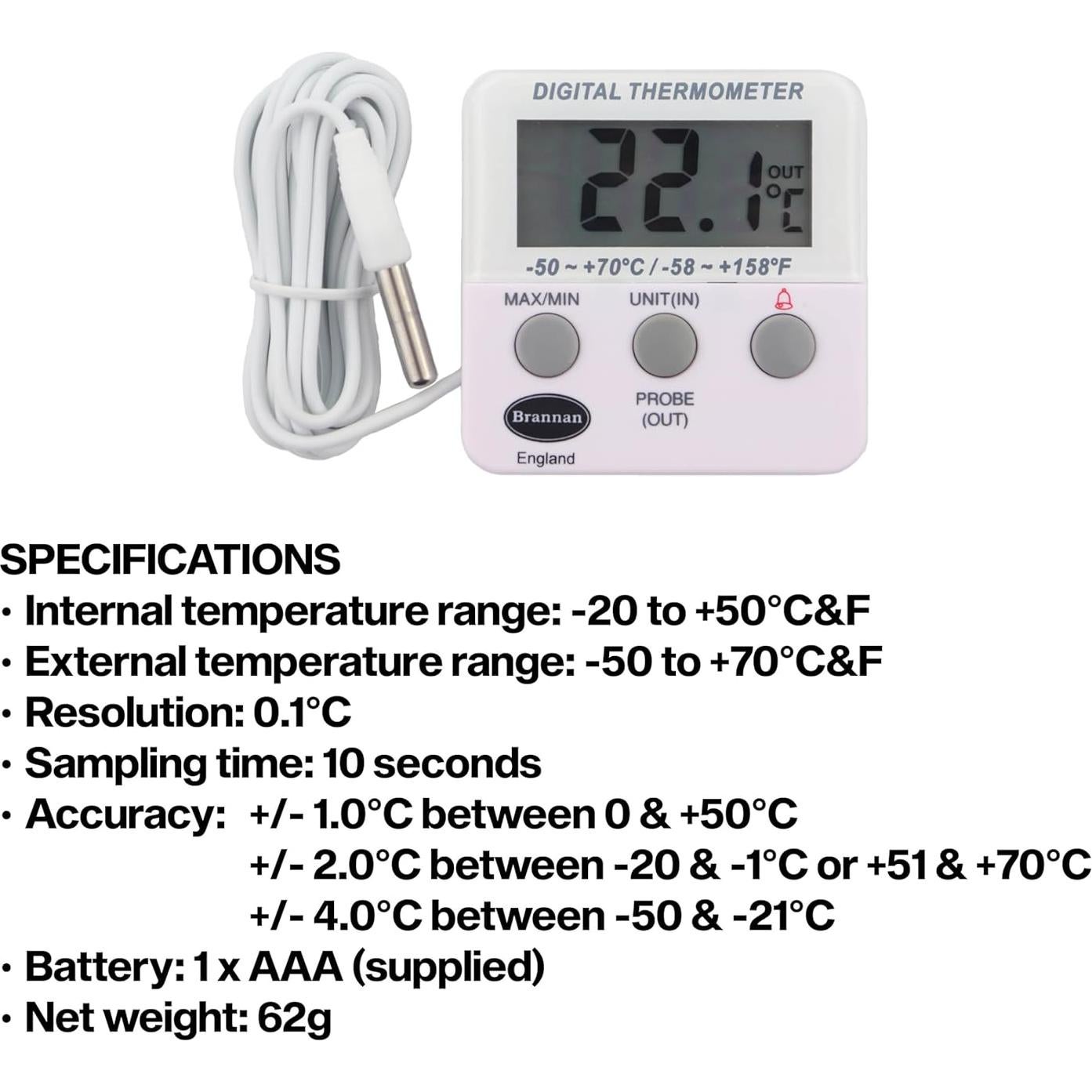 Termómetro Digital Brannan para Refrigerador y Congelador con Alarma