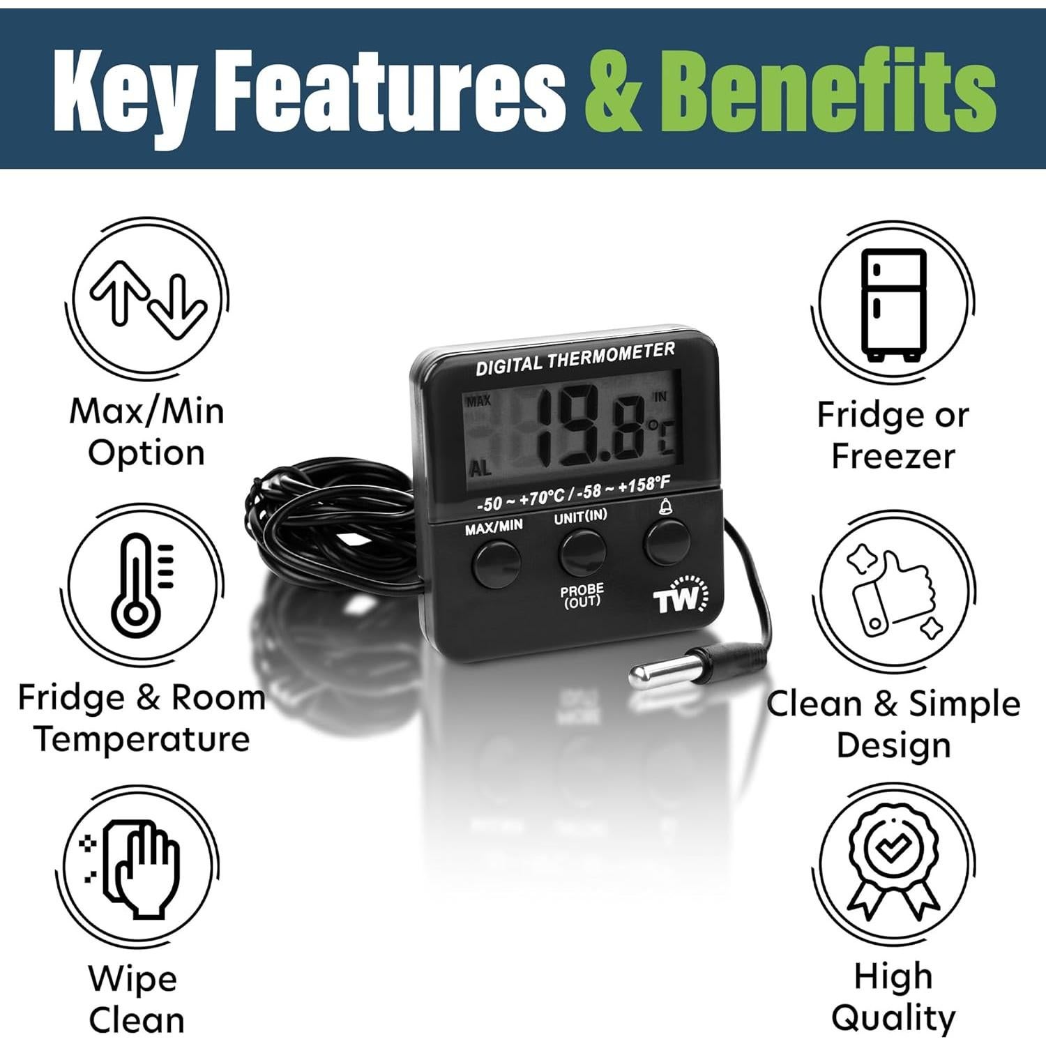 Termómetro Digital de Refrigerador Thermometer World con Alarma