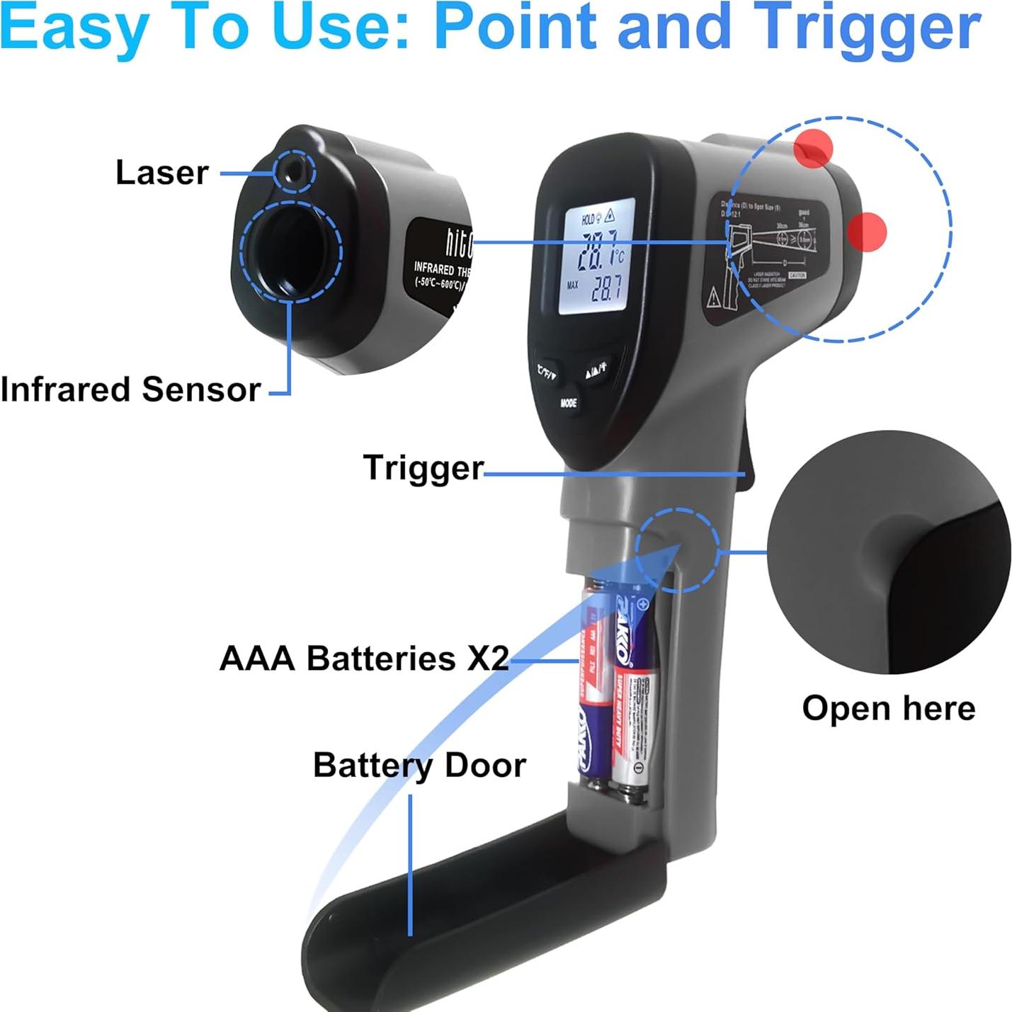 Pistola termómetro infrarrojo Hito -50°C a 600°C, gris oscuro